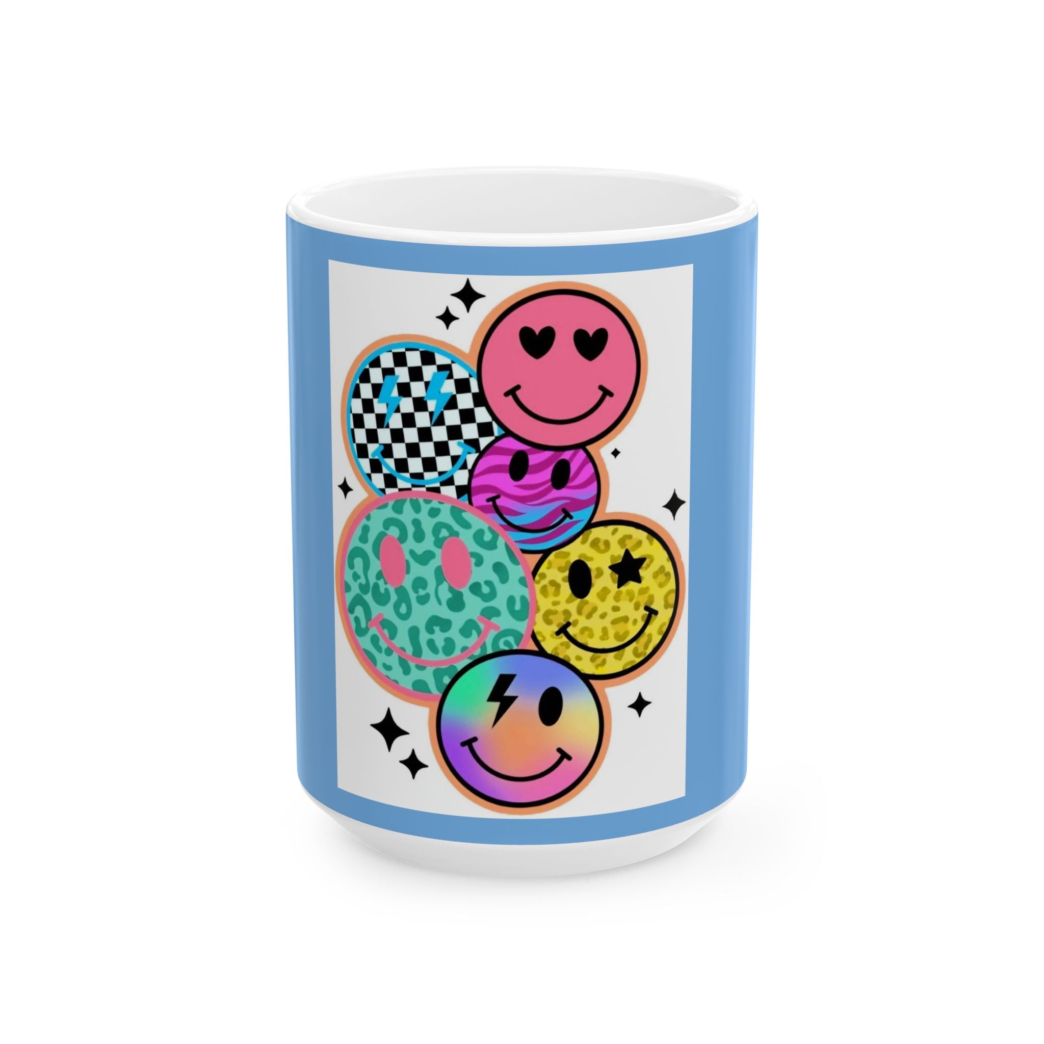 Smiley Vibes Ceramic Mug — Colorful Retro Smiley Face Coffee Cup (11oz/15oz)