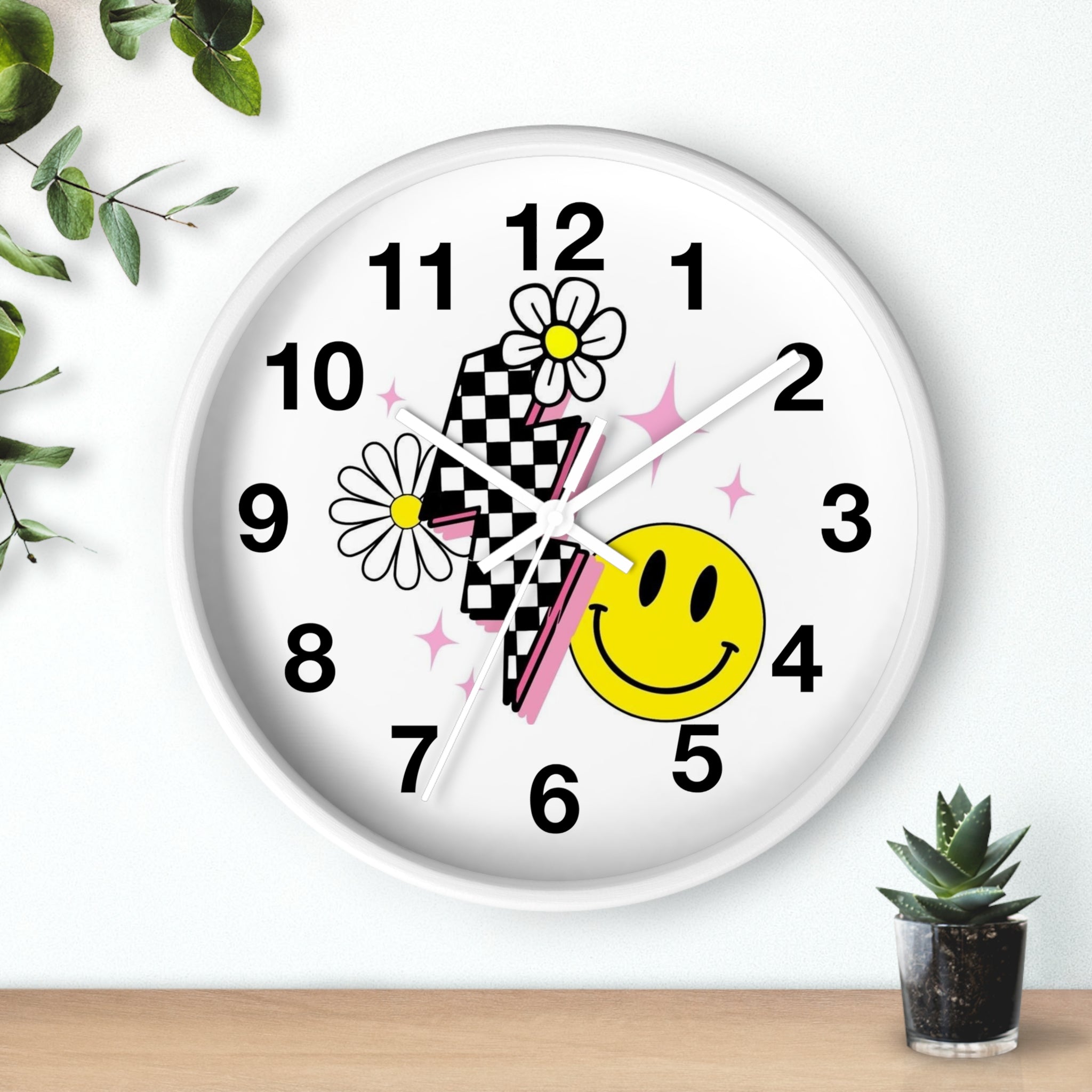Wall Clock — Retro Smiley Daisy Checkerboard Decorative Clock