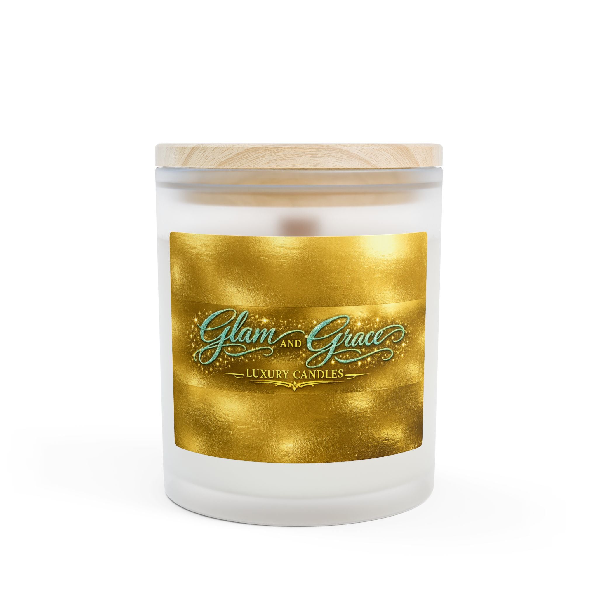 Glam & Grace Luxury Frosted Glass Candle – 11oz Wooden Lid, Gold Label