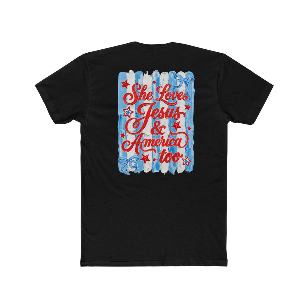 She Loves Jesus & America Too T‑Shirt — Patriotic American Flag Bow Tee