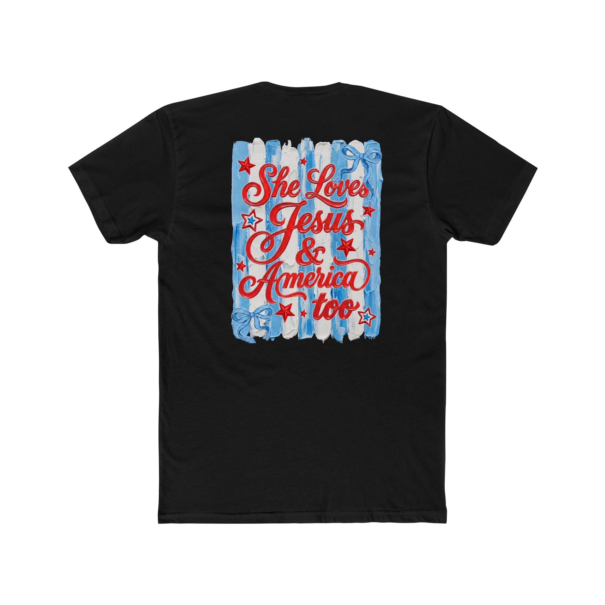 She Loves Jesus & America Too T‑Shirt — Patriotic American Flag Bow Tee