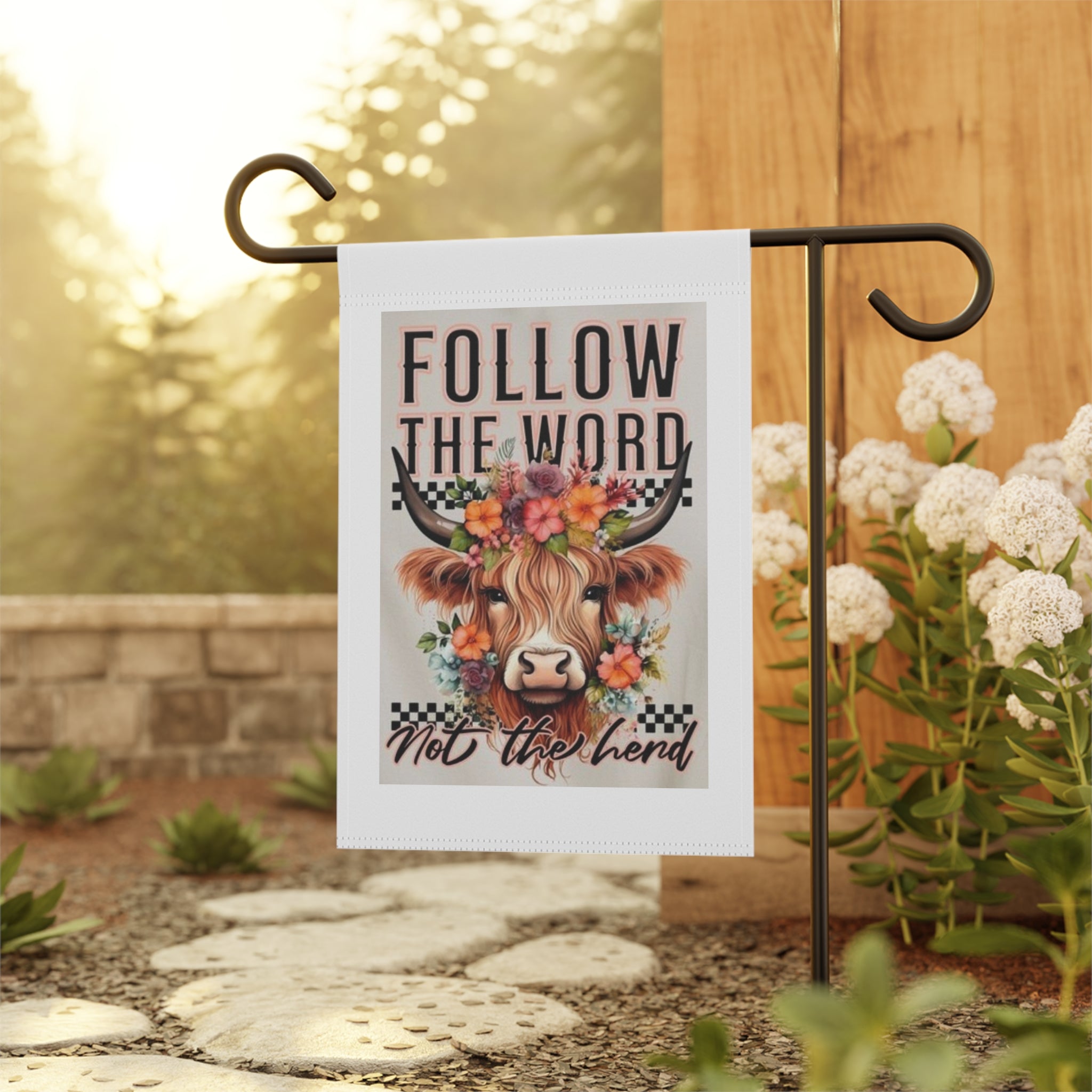 Garden Flag — “Follow the Word Not the Herd” Floral Cow Yard Banner