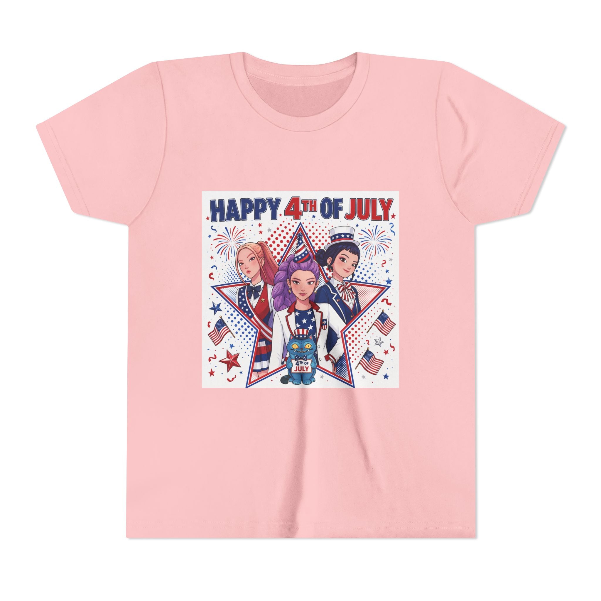 Youth Tee — "Happy 4th of July" Patriotic Kids Shirt with Fireworks & Stars