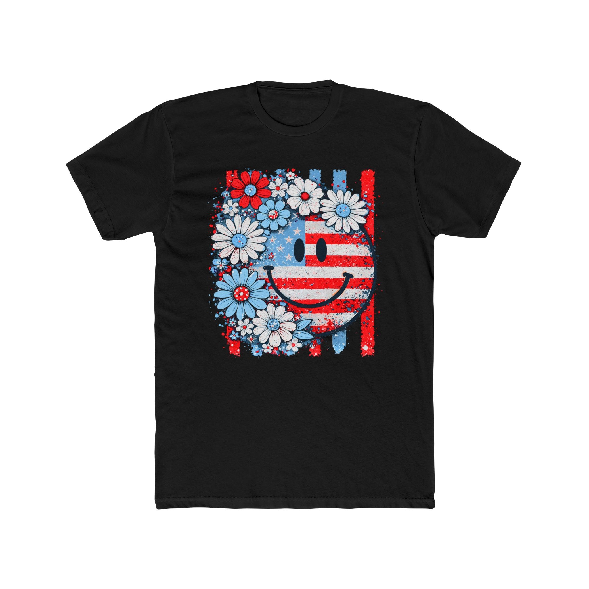 Smiley Flag Daisy T-Shirt — Patriotic Floral USA Tee for 4th of July