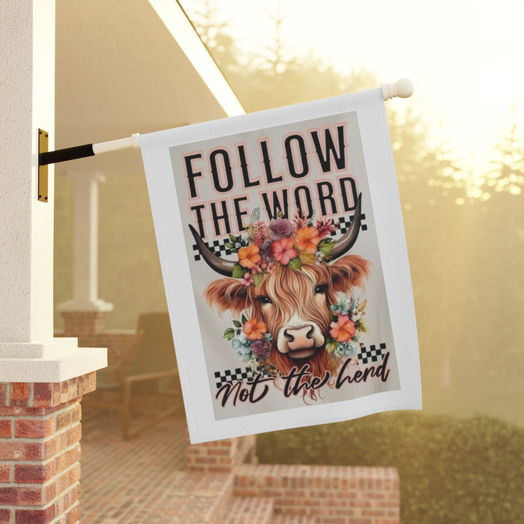 Garden Flag — “Follow the Word Not the Herd” Floral Cow Yard Banner