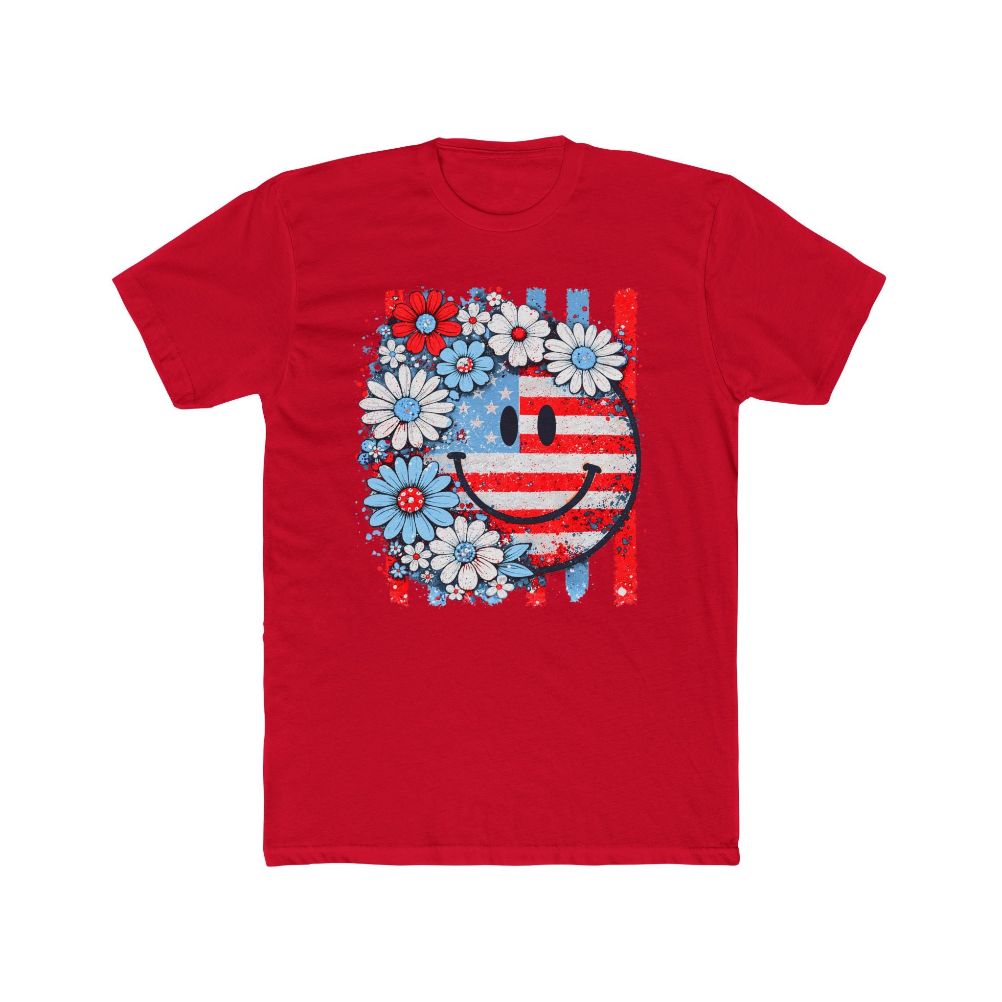 Smiley Flag Daisy T-Shirt — Patriotic Floral USA Tee for 4th of July
