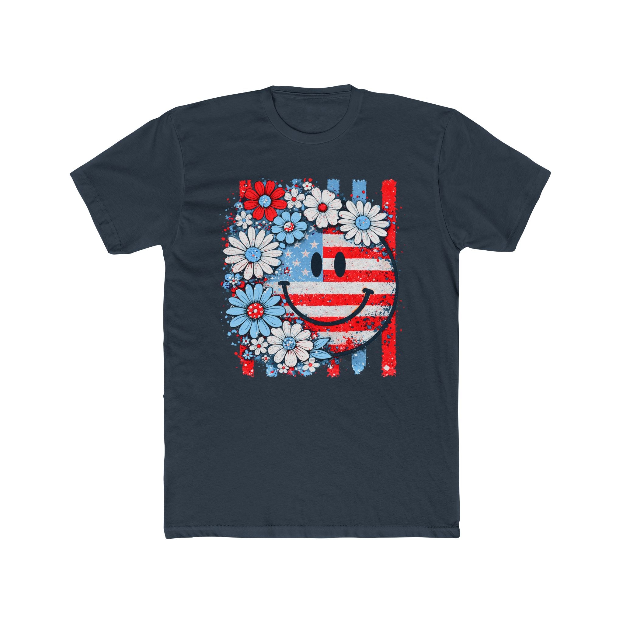 Smiley Flag Daisy T-Shirt — Patriotic Floral USA Tee for 4th of July