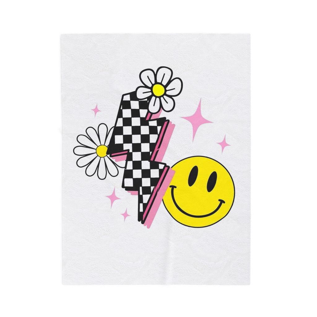 Smiley Daisy Velveteen Plush Blanket — Retro Checker Lightning Cozy Throw