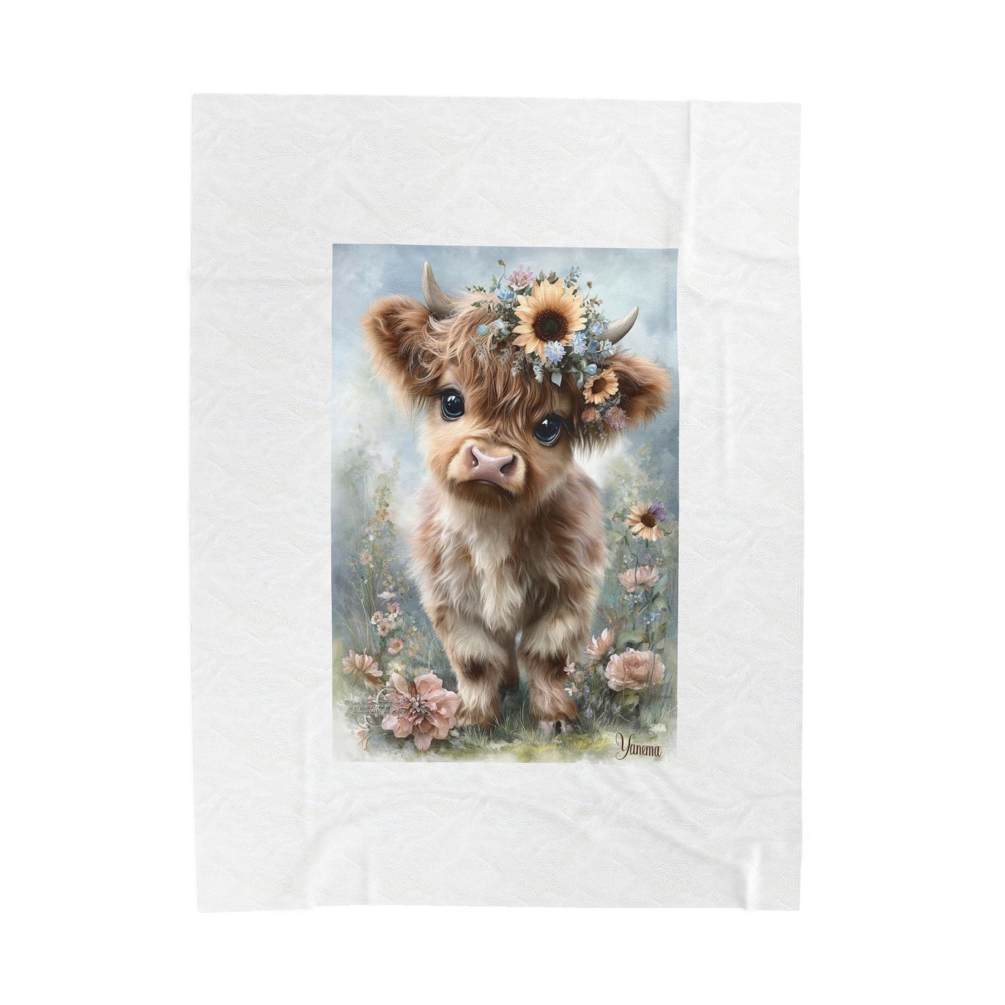 Cute Highland Calf Velveteen Plush Blanket — Floral Crown Baby Cow Throw