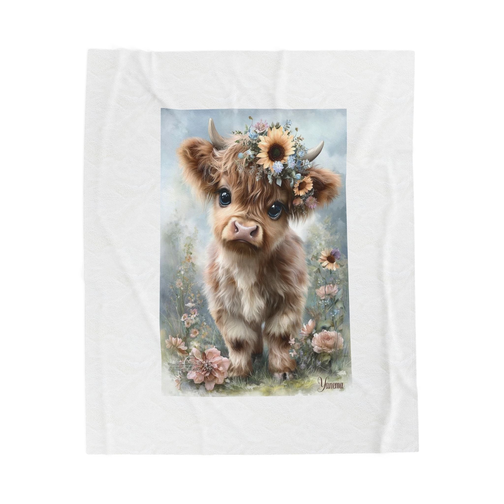 Cute Highland Calf Velveteen Plush Blanket — Floral Crown Baby Cow Throw