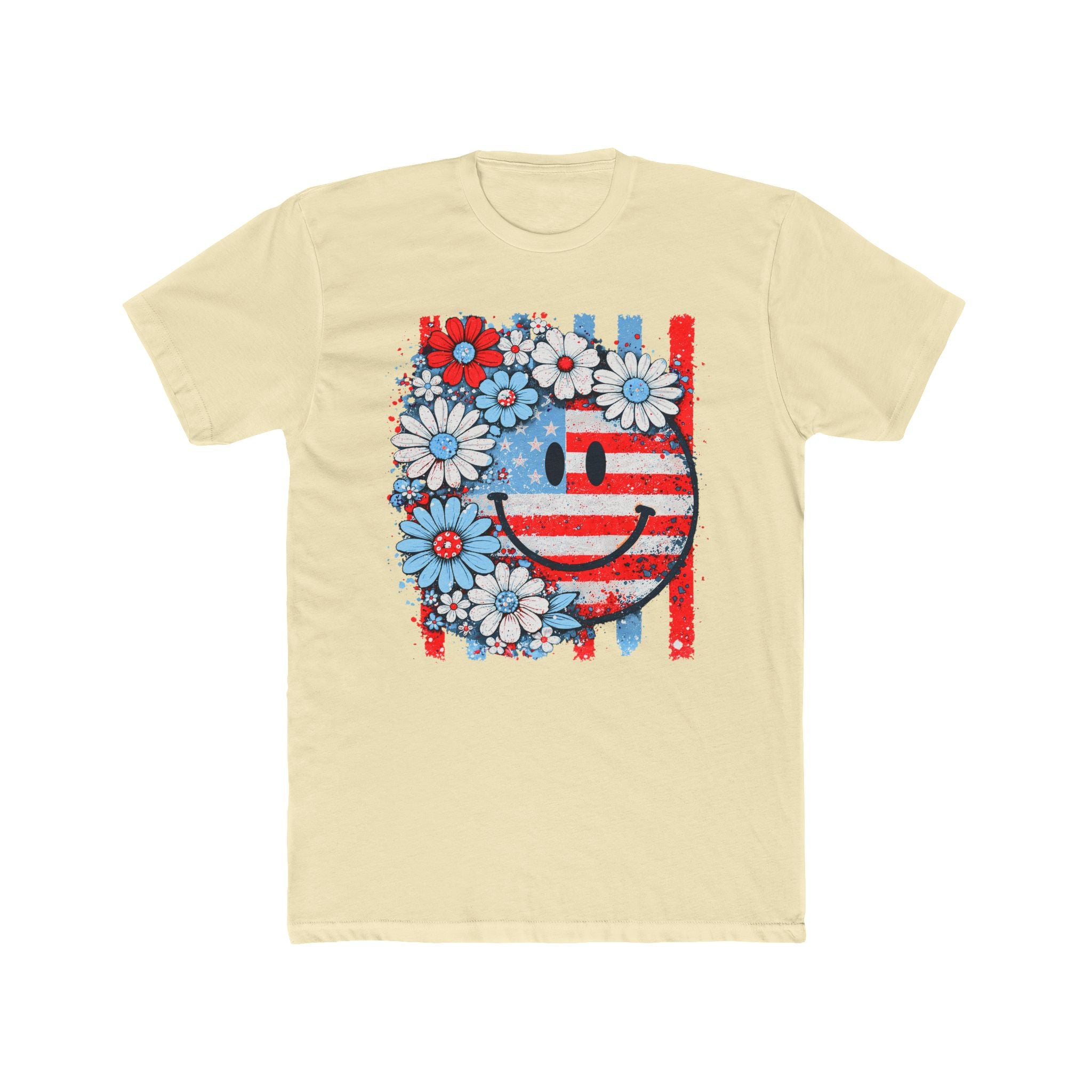 Smiley Flag Daisy T-Shirt — Patriotic Floral USA Tee for 4th of July