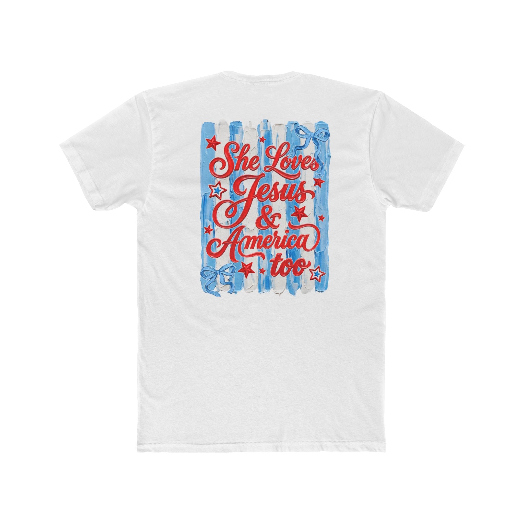 She Loves Jesus & America Too T‑Shirt — Patriotic American Flag Bow Tee