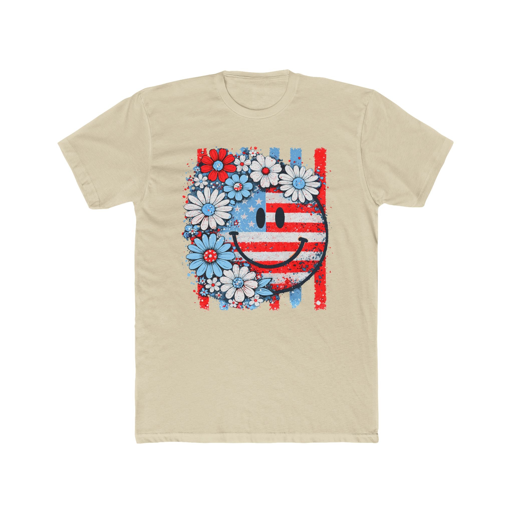 Smiley Flag Daisy T-Shirt — Patriotic Floral USA Tee for 4th of July