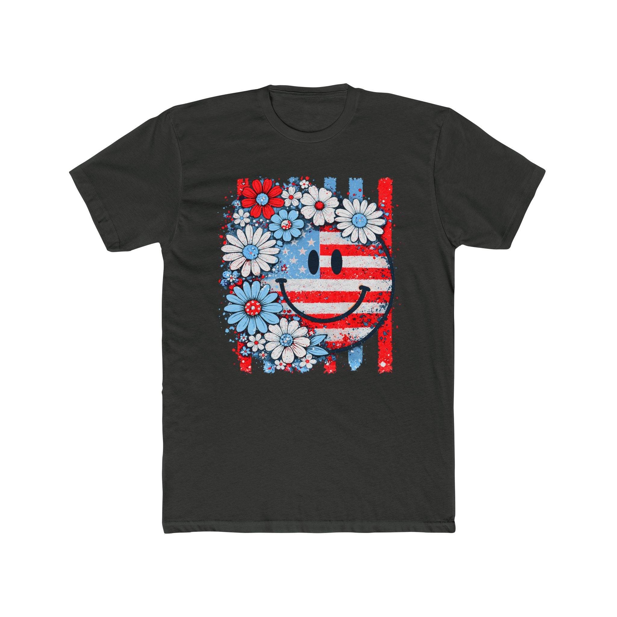 Smiley Flag Daisy T-Shirt — Patriotic Floral USA Tee for 4th of July