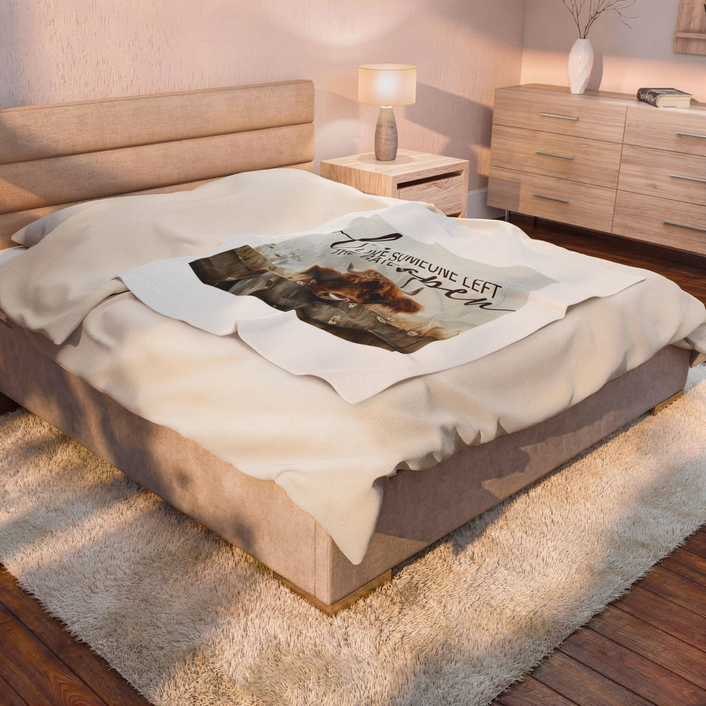 Plush Blanket — “Live Like Someone Left the Gate Open” Highland Cow Throw