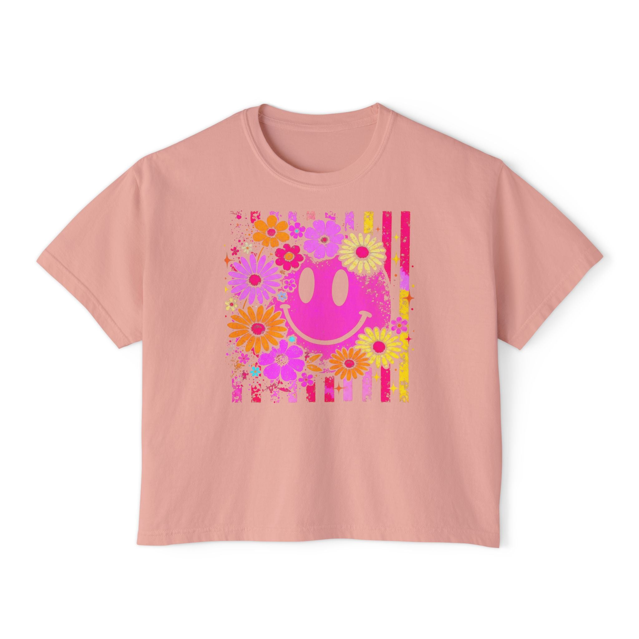 Floral Smile Boxy Tee — Retro Pink Smiley with Flowers