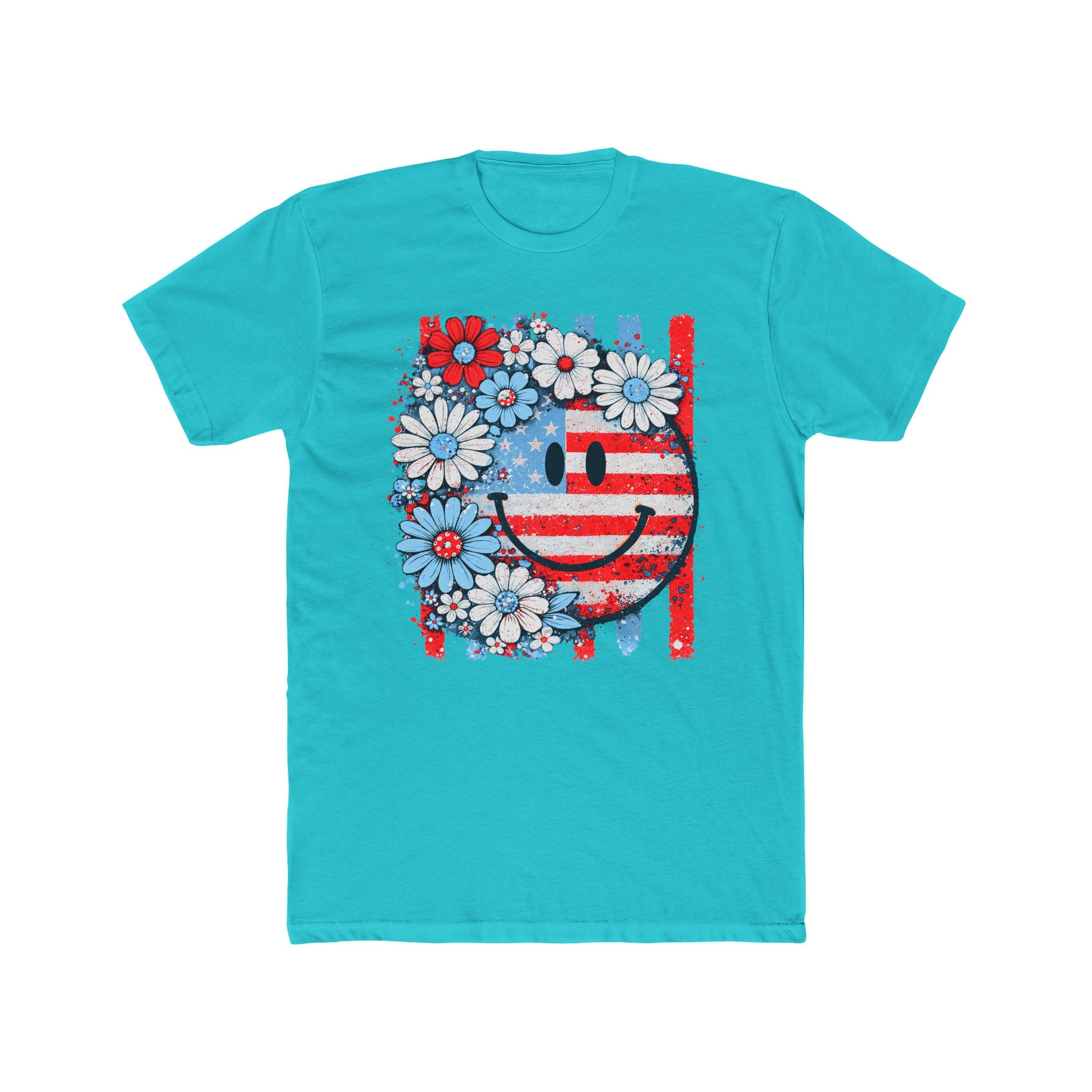 Smiley Flag Daisy T-Shirt — Patriotic Floral USA Tee for 4th of July
