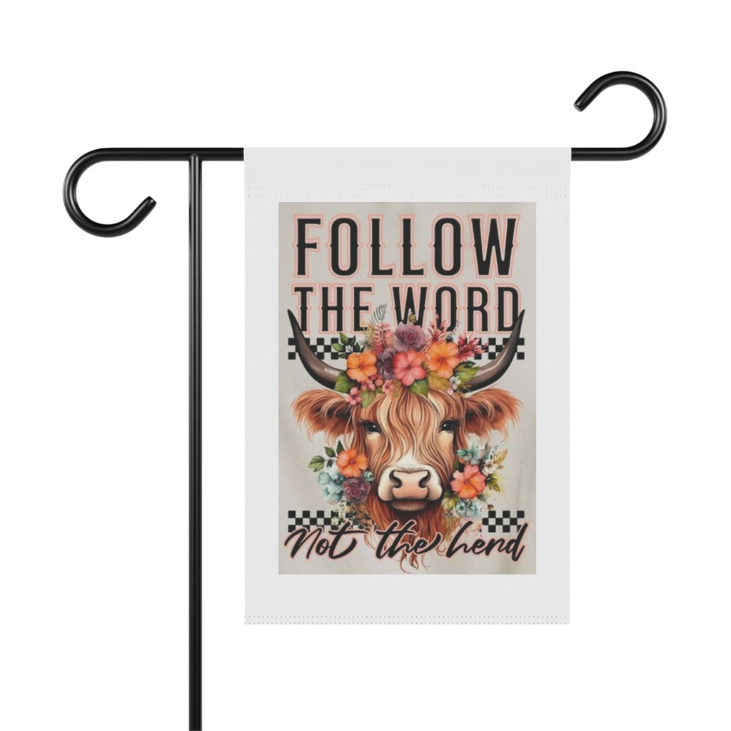 Garden Flag — “Follow the Word Not the Herd” Floral Cow Yard Banner