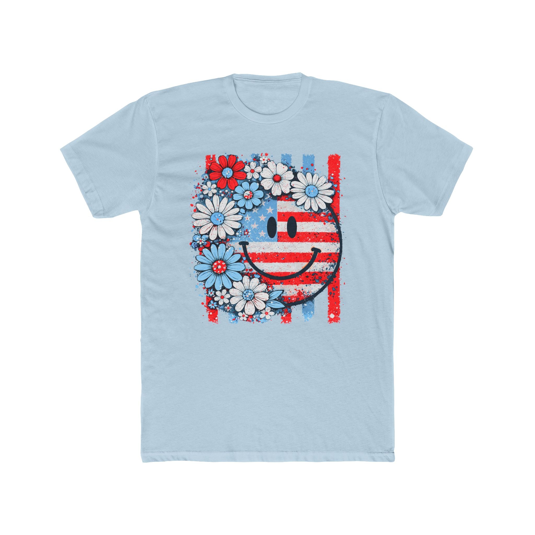 Smiley Flag Daisy T-Shirt — Patriotic Floral USA Tee for 4th of July
