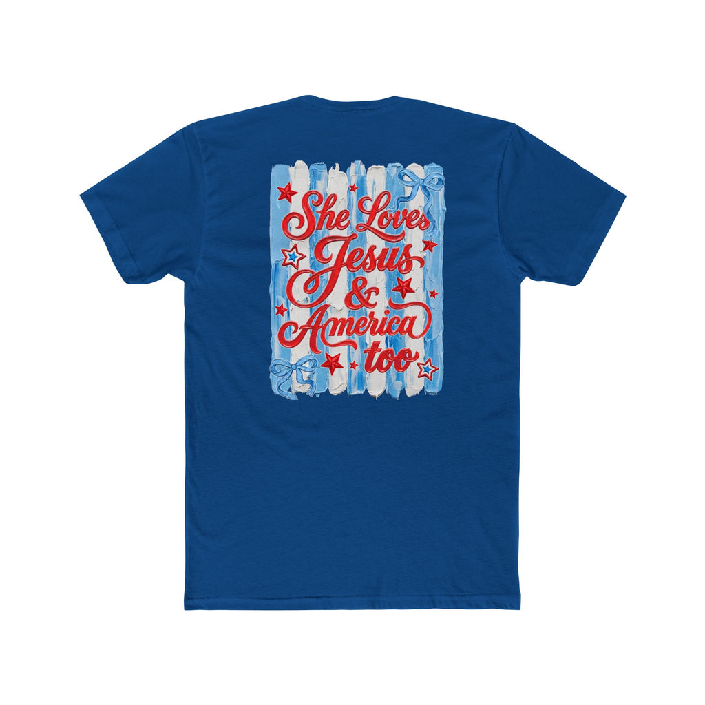 She Loves Jesus & America Too T‑Shirt — Patriotic American Flag Bow Tee