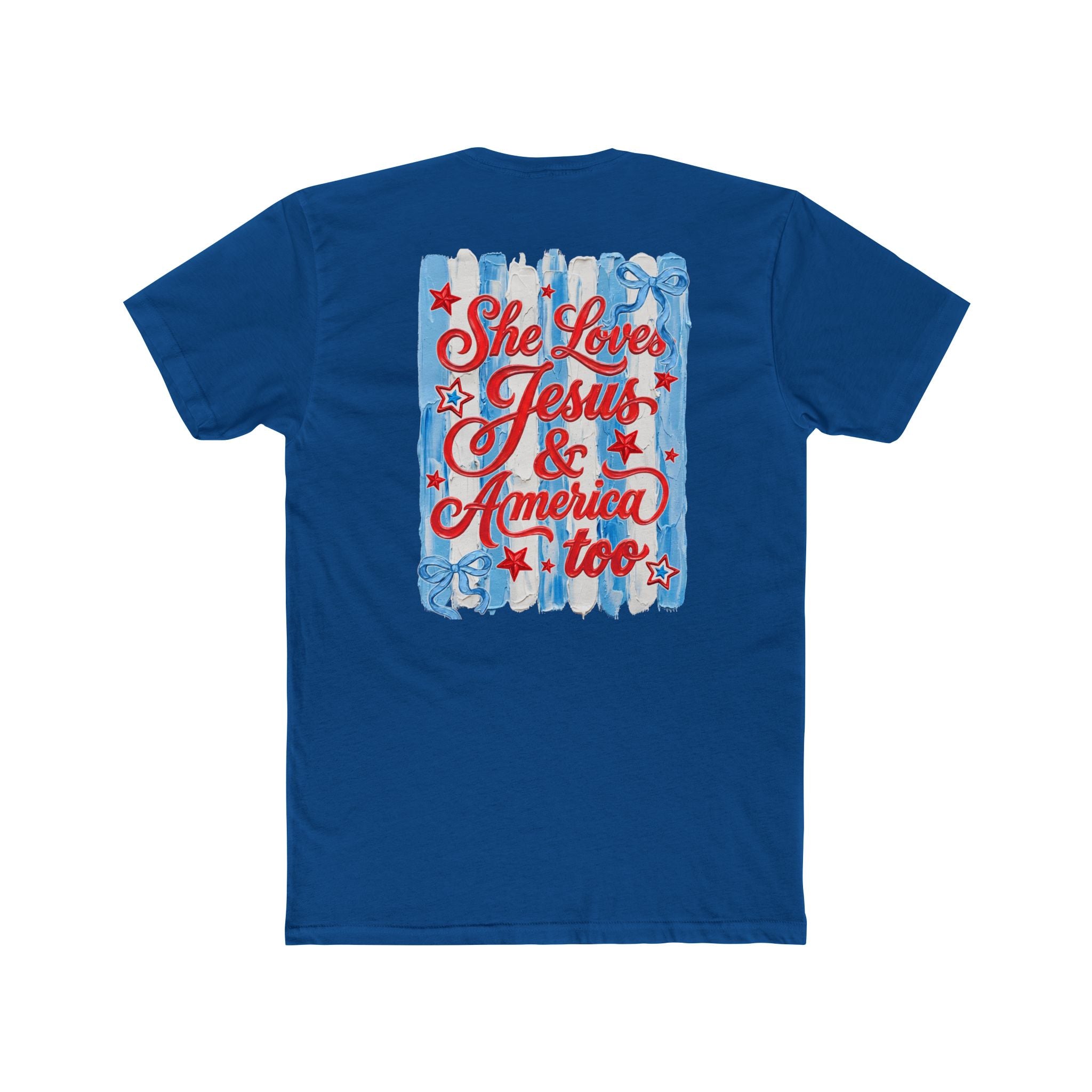 She Loves Jesus & America Too T‑Shirt — Patriotic American Flag Bow Tee