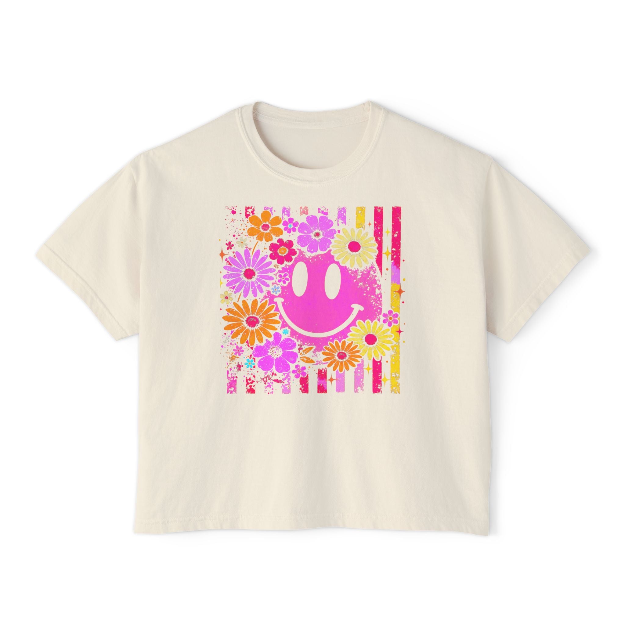 Floral Smile Boxy Tee — Retro Pink Smiley with Flowers