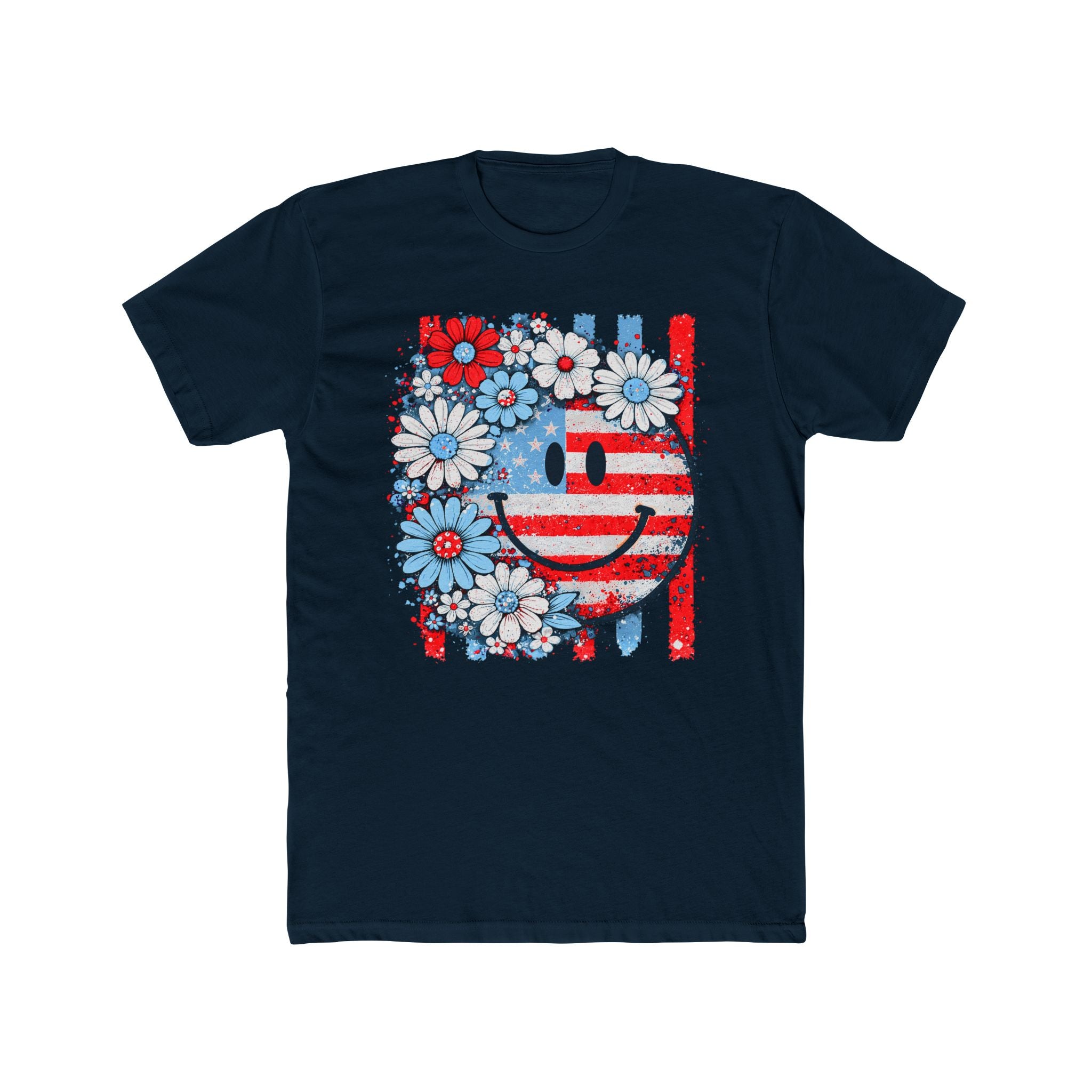 Smiley Flag Daisy T-Shirt — Patriotic Floral USA Tee for 4th of July