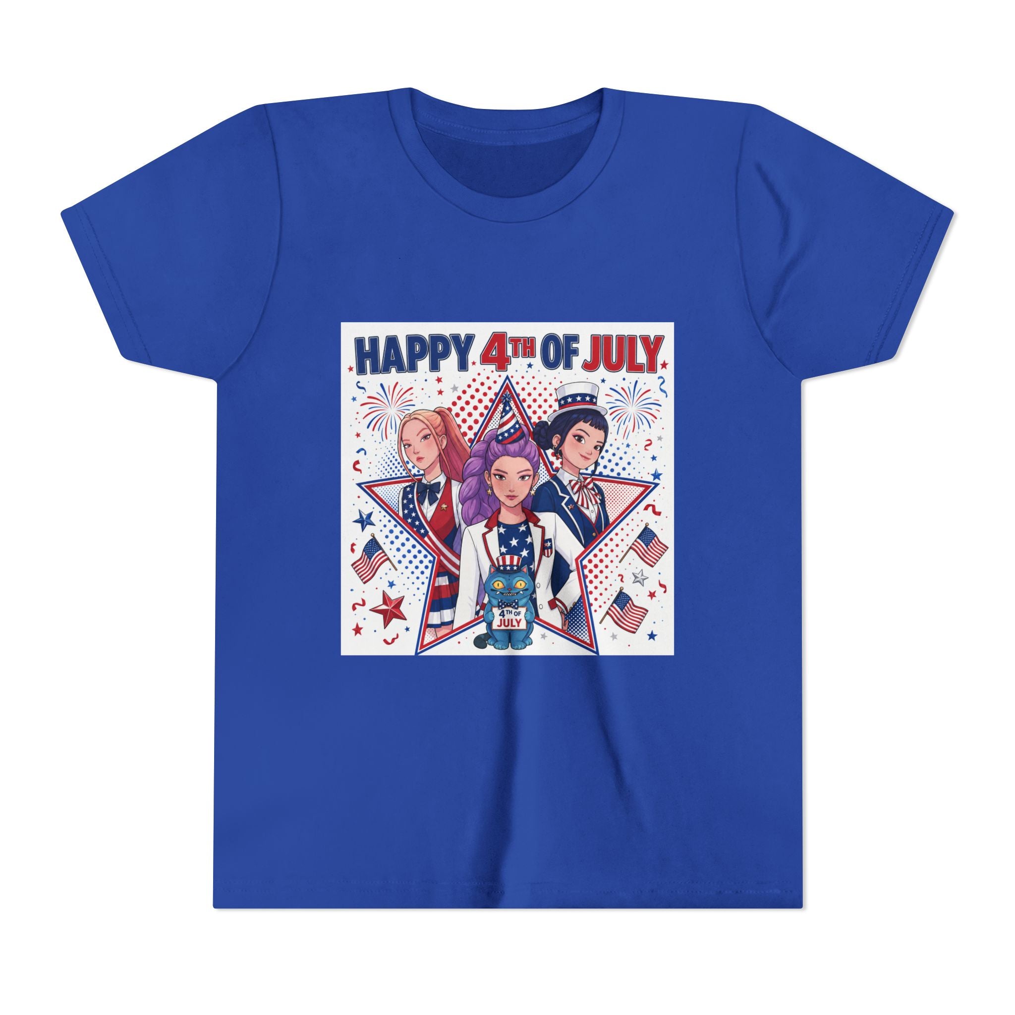 Youth Tee — "Happy 4th of July" Patriotic Kids Shirt with Fireworks & Stars