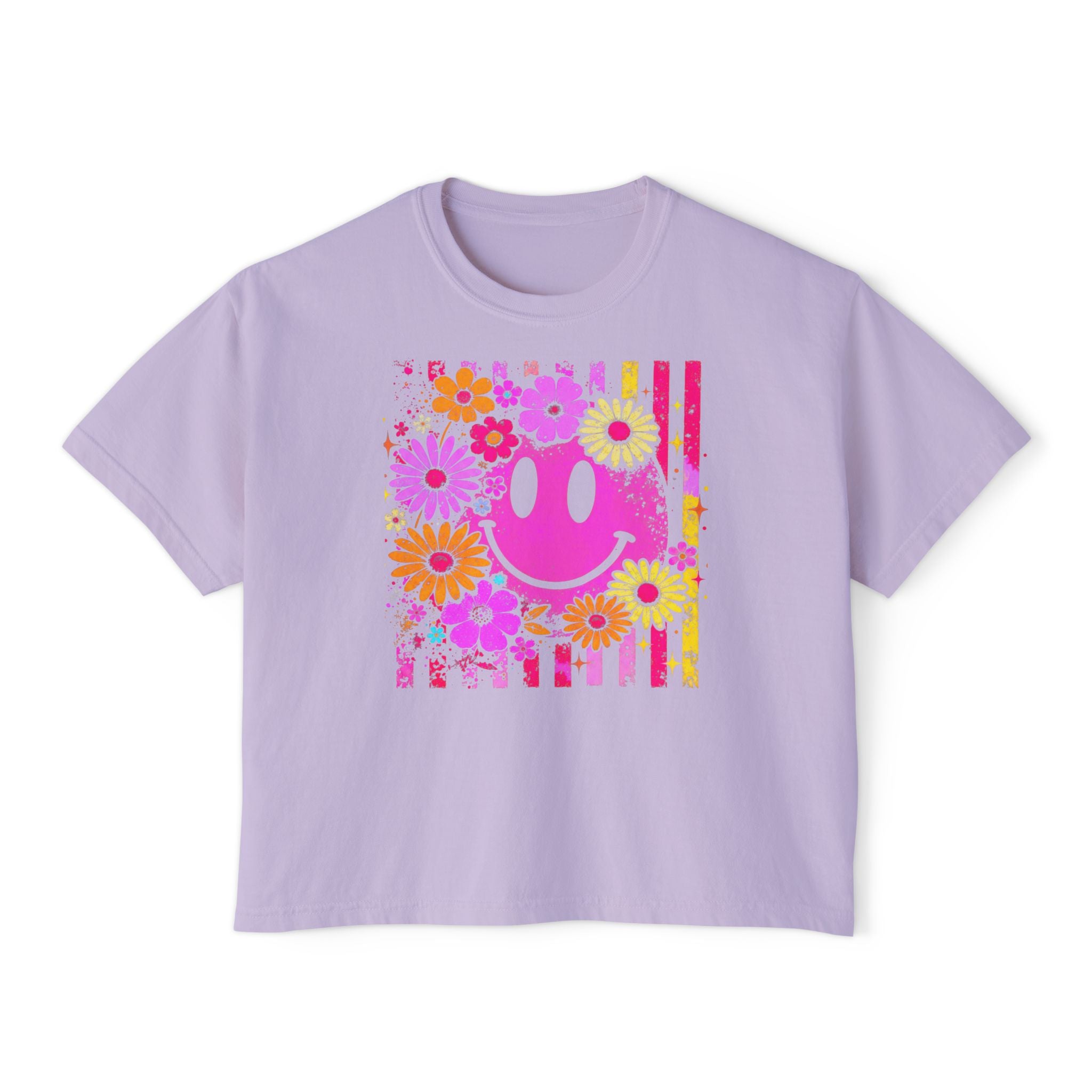Floral Smile Boxy Tee — Retro Pink Smiley with Flowers
