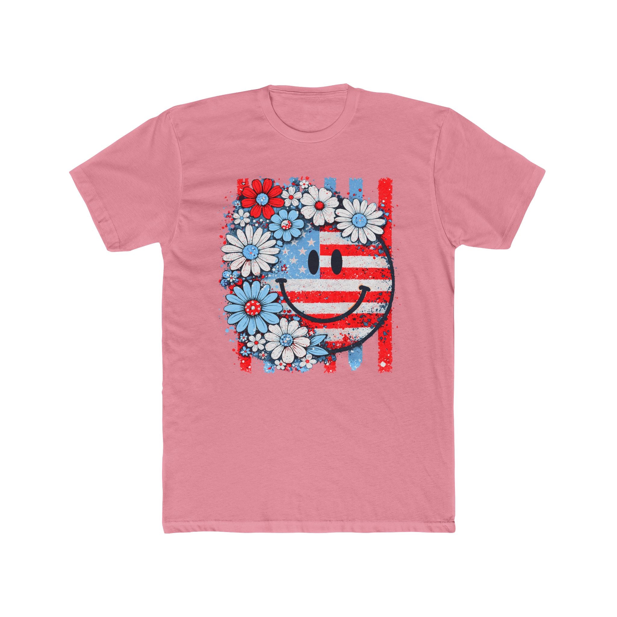 Smiley Flag Daisy T-Shirt — Patriotic Floral USA Tee for 4th of July