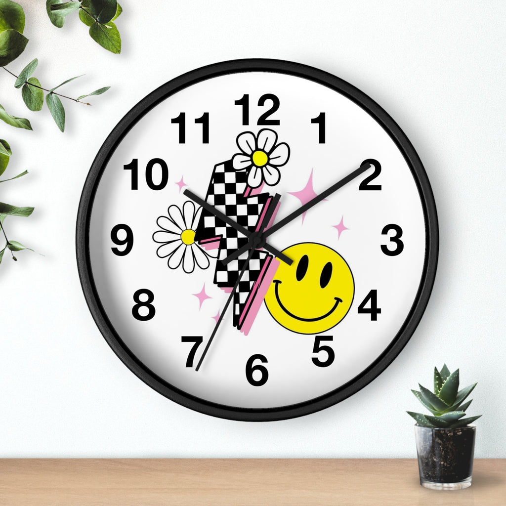 Wall Clock — Retro Smiley Daisy Checkerboard Decorative Clock
