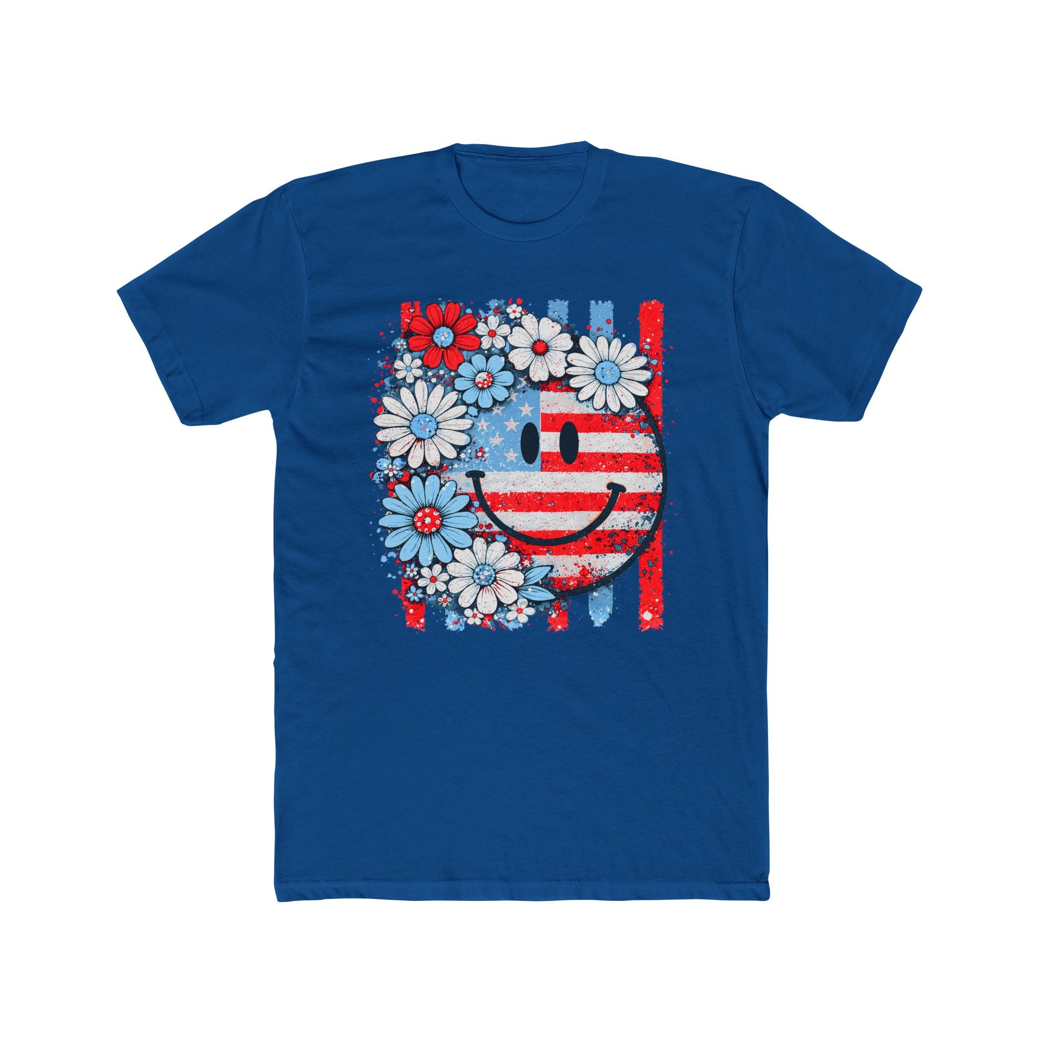 Smiley Flag Daisy T-Shirt — Patriotic Floral USA Tee for 4th of July