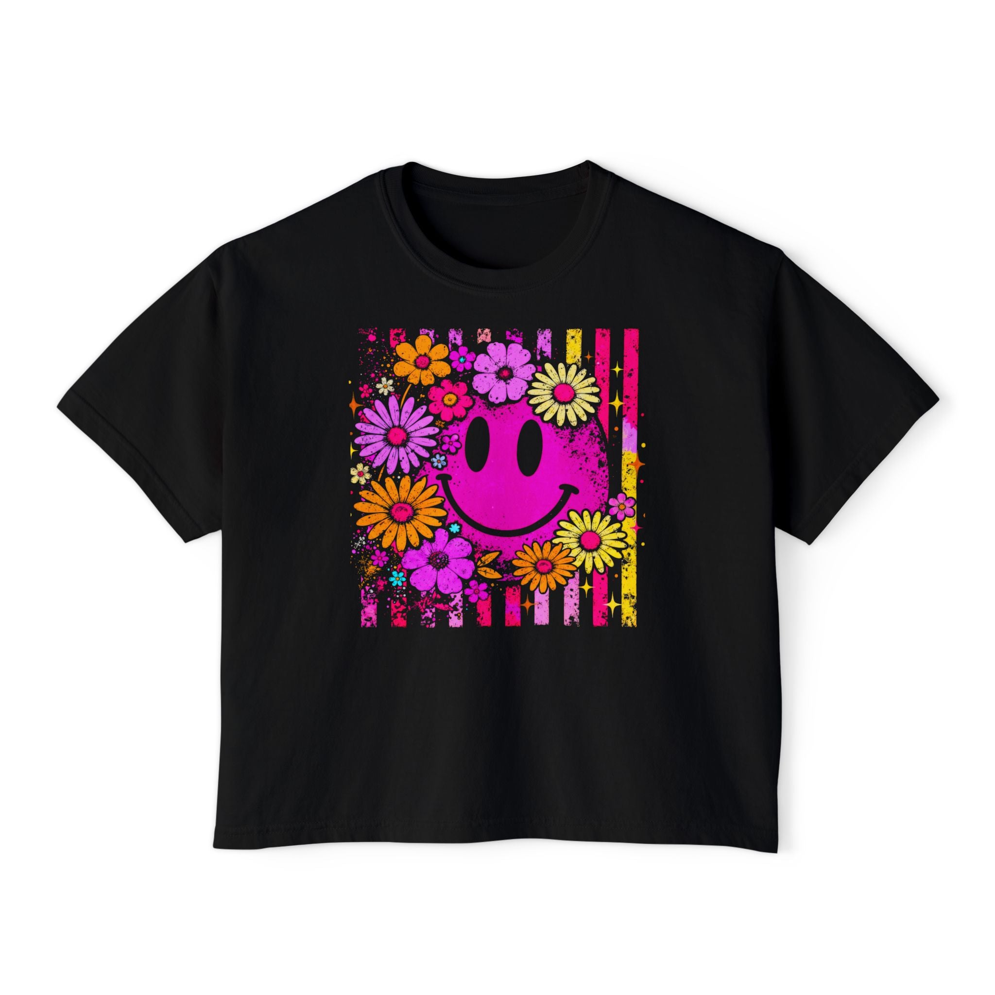 Floral Smile Boxy Tee — Retro Pink Smiley with Flowers