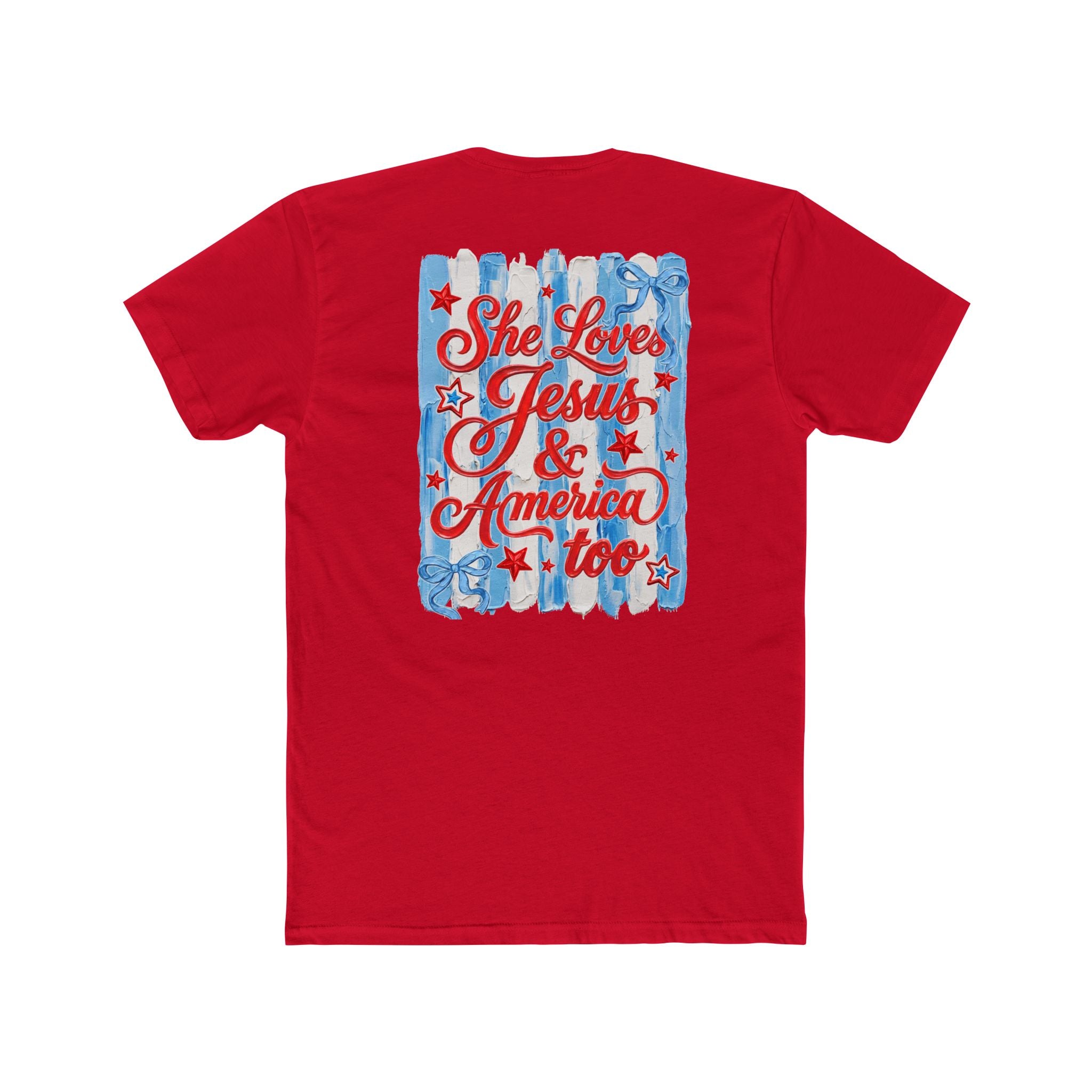 She Loves Jesus & America Too T‑Shirt — Patriotic American Flag Bow Tee