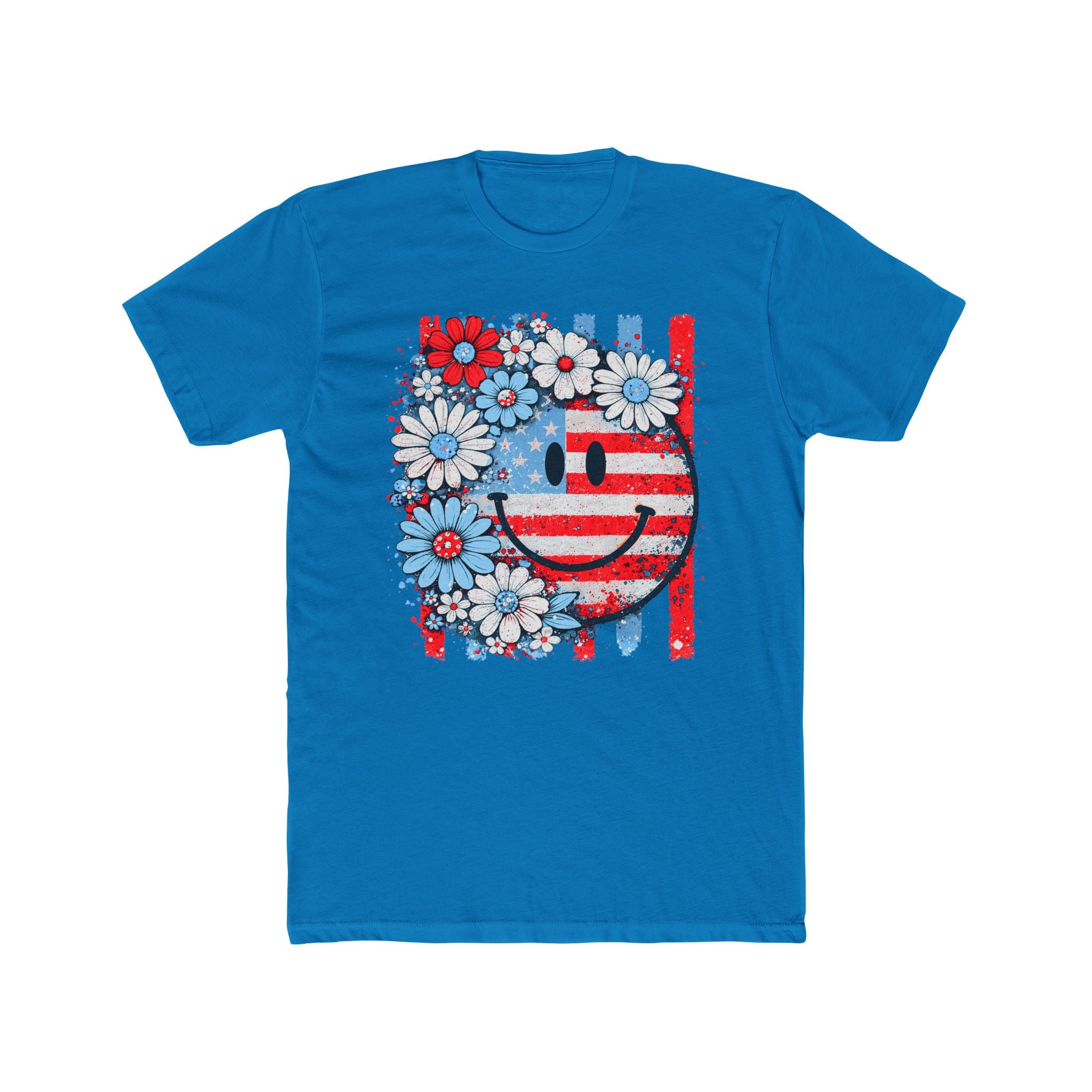 Smiley Flag Daisy T-Shirt — Patriotic Floral USA Tee for 4th of July