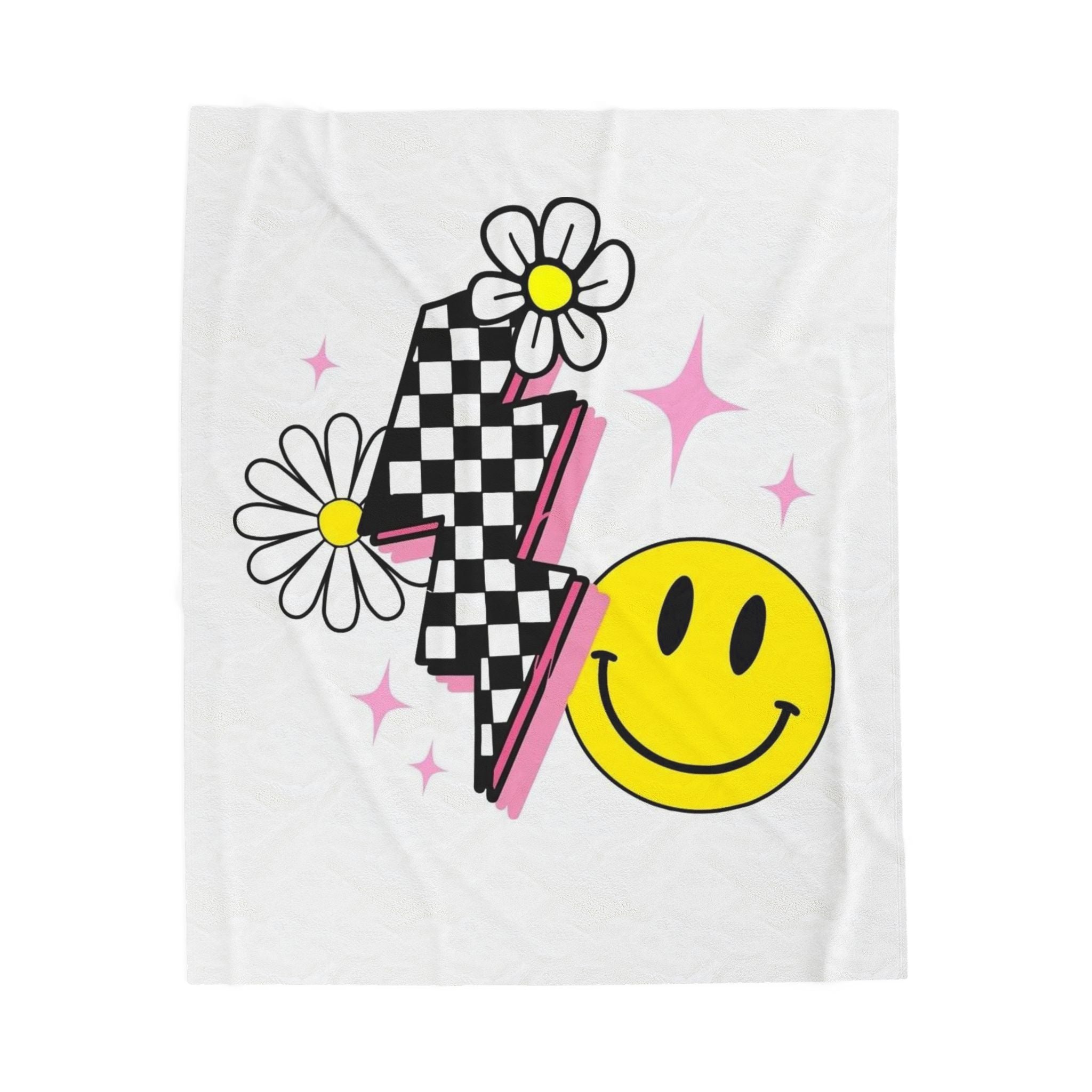 Smiley Daisy Velveteen Plush Blanket — Retro Checker Lightning Cozy Throw