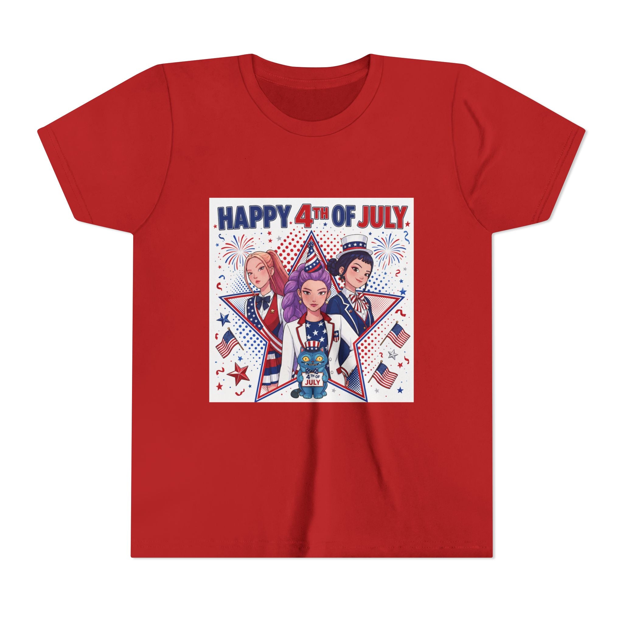 Youth Tee — "Happy 4th of July" Patriotic Kids Shirt with Fireworks & Stars
