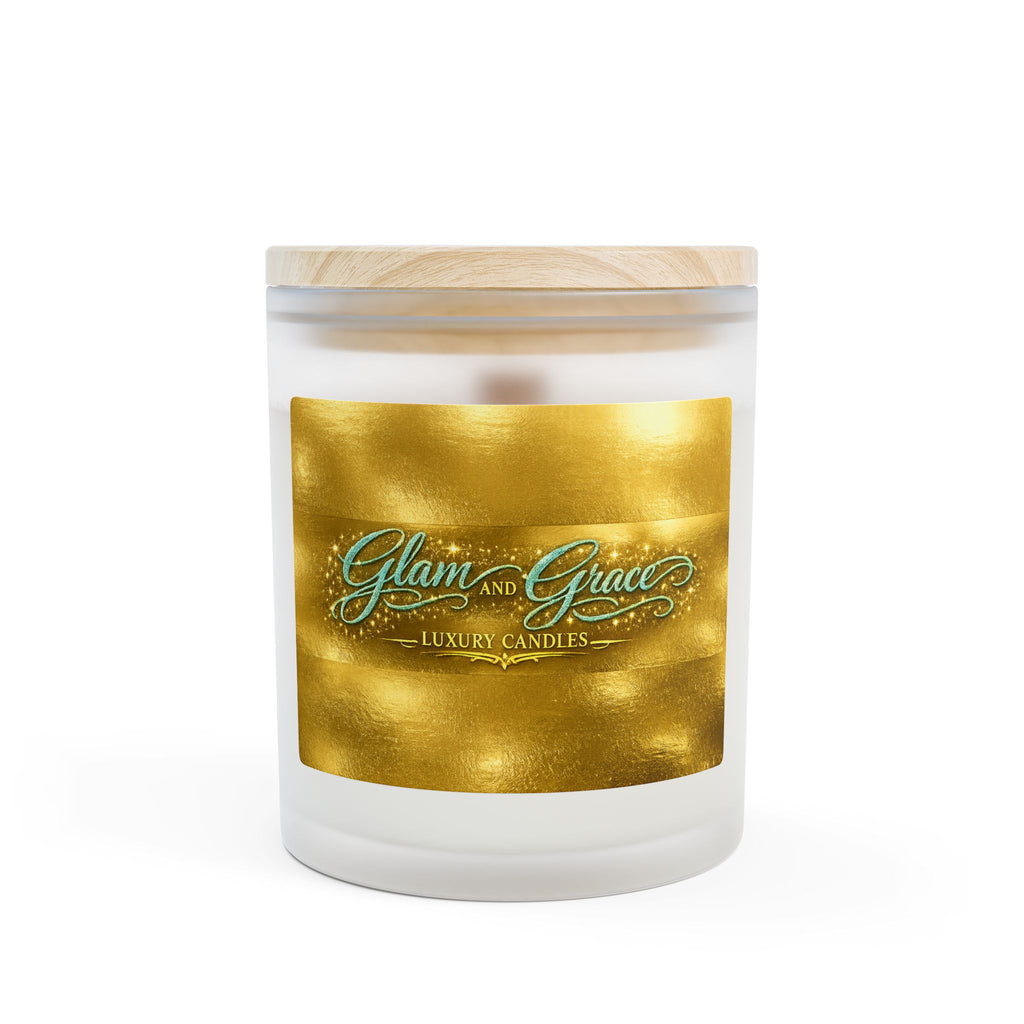 Glam & Grace Luxury Frosted Glass Candle – 11oz Wooden Lid, Gold Label