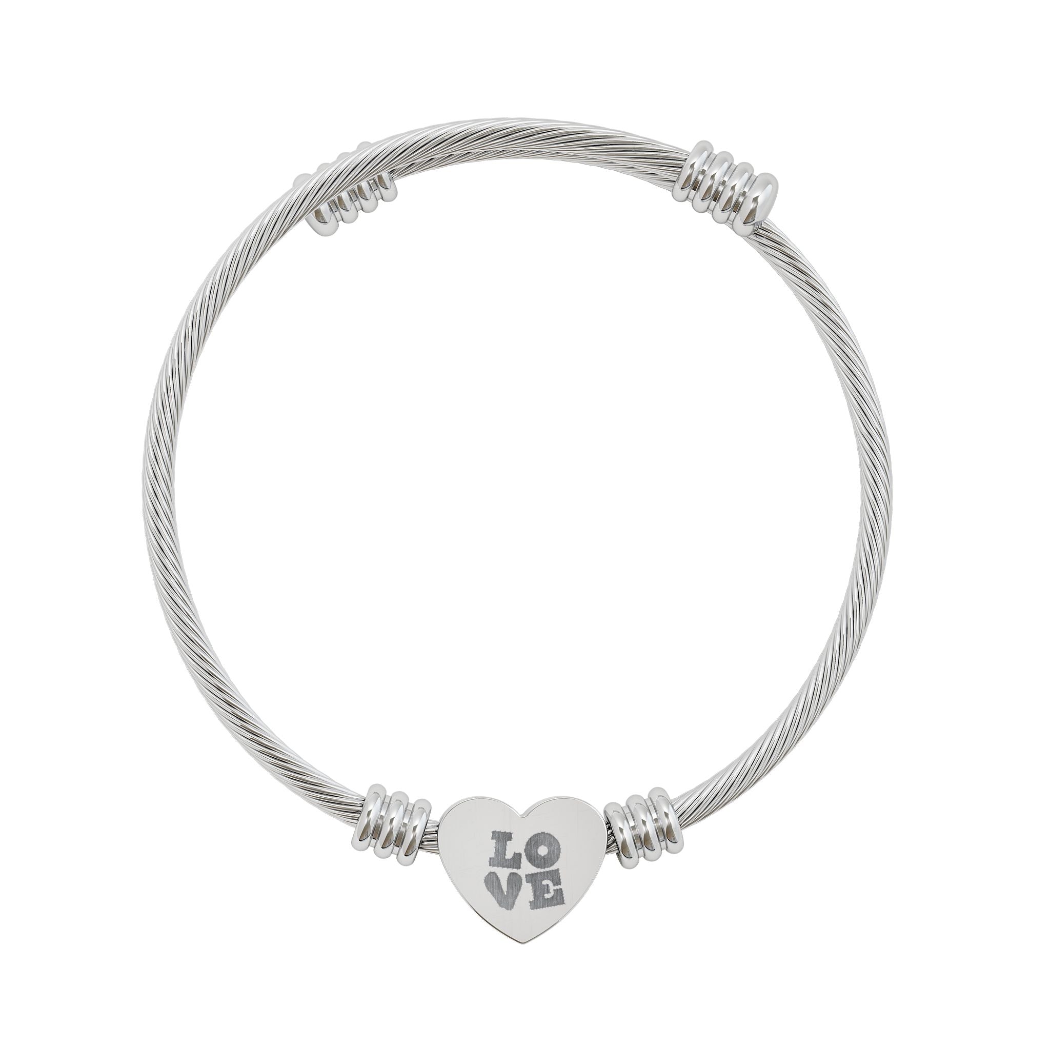 Engravable Heart Cuff Bracelet — LOVE Cable Bangle in Silver or Gold