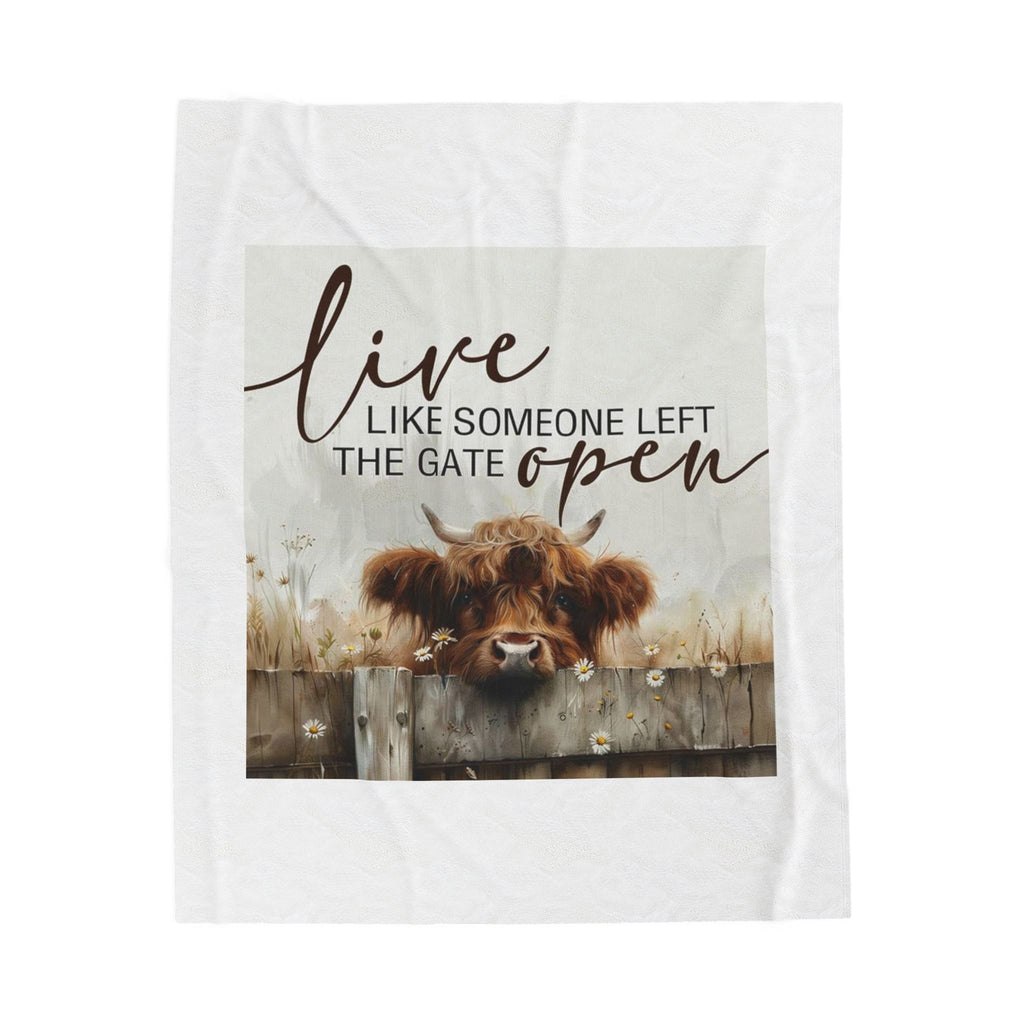 Plush Blanket — “Live Like Someone Left the Gate Open” Highland Cow Throw