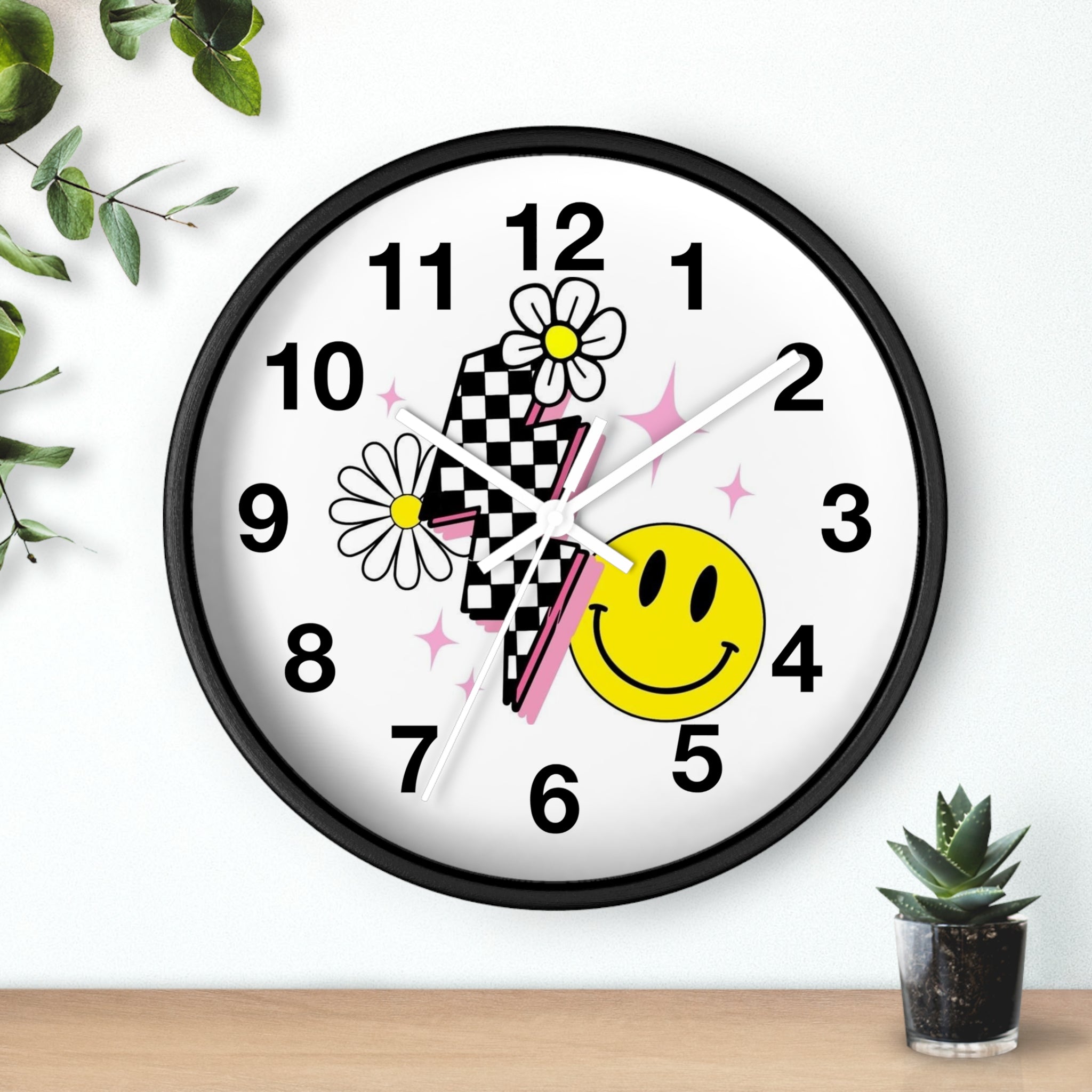 Wall Clock — Retro Smiley Daisy Checkerboard Decorative Clock