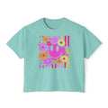 Floral Smile Boxy Tee — Retro Pink Smiley with Flowers
