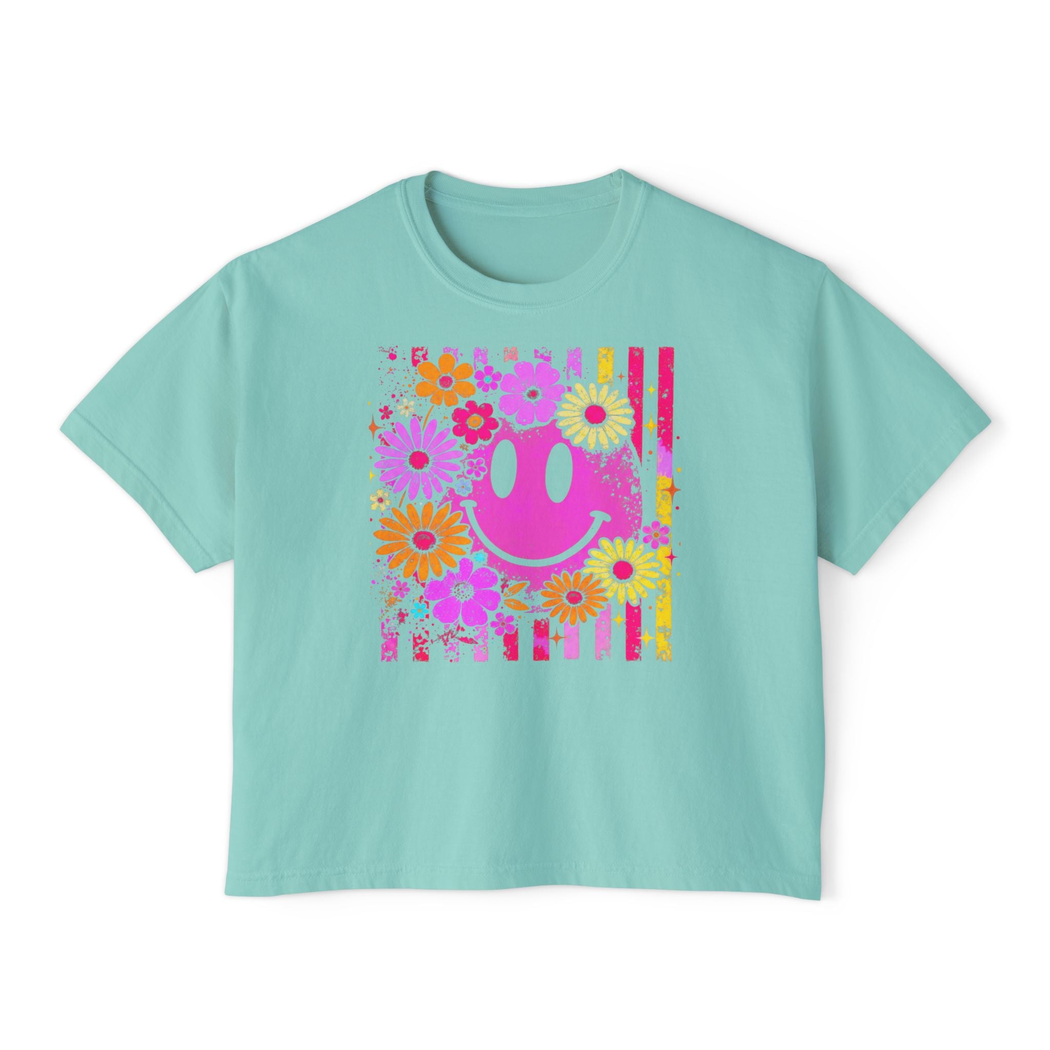 Floral Smile Boxy Tee — Retro Pink Smiley with Flowers