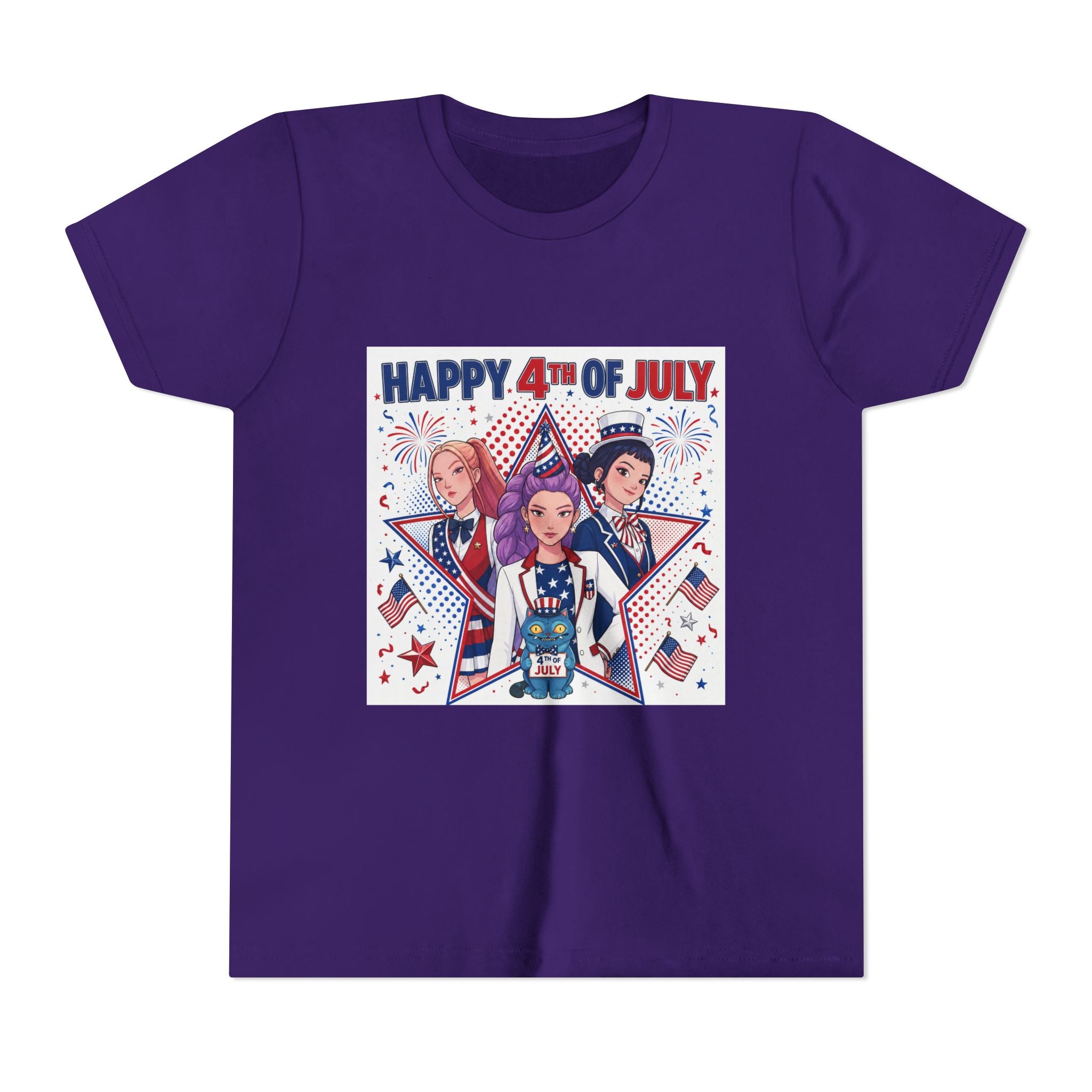 Youth Tee — "Happy 4th of July" Patriotic Kids Shirt with Fireworks & Stars