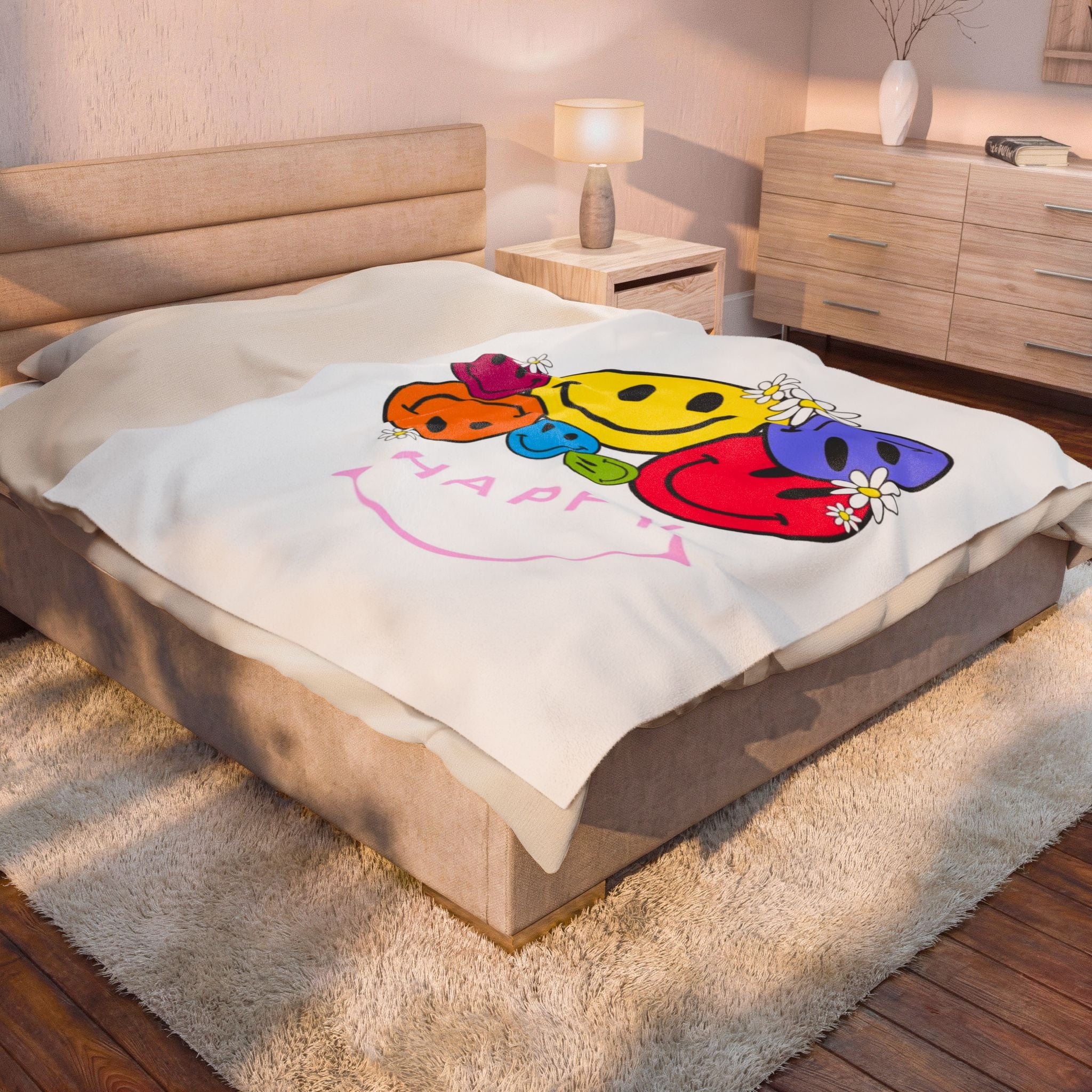 Happy Daisy Smiley Velveteen Plush Blanket