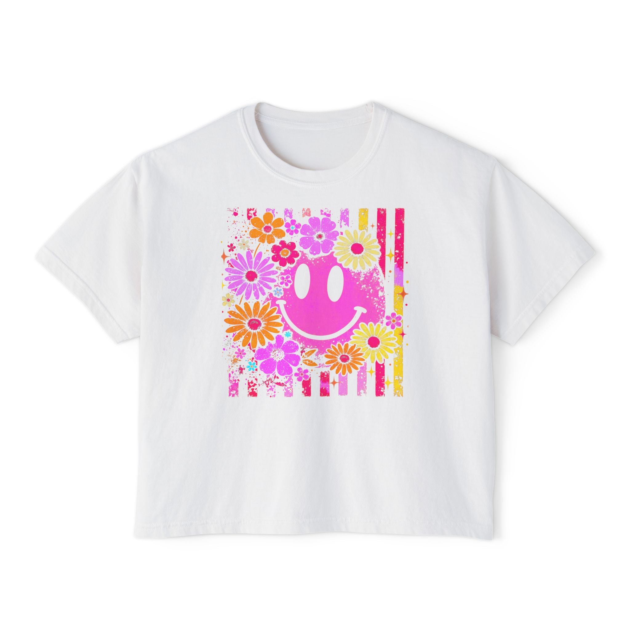 Floral Smile Boxy Tee — Retro Pink Smiley with Flowers