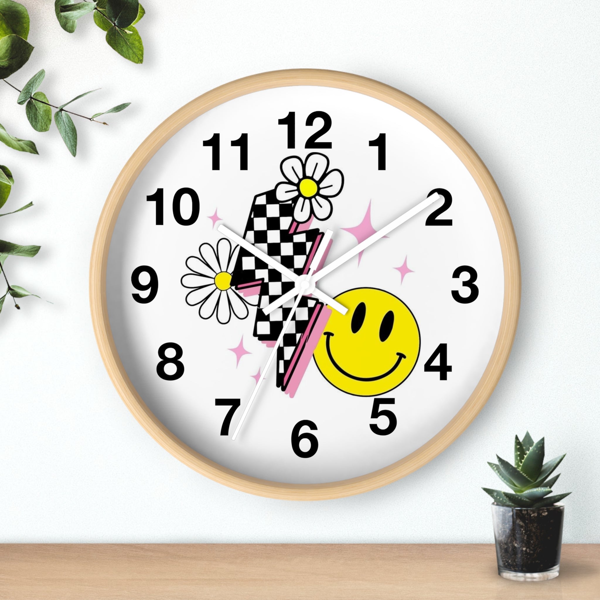 Wall Clock — Retro Smiley Daisy Checkerboard Decorative Clock