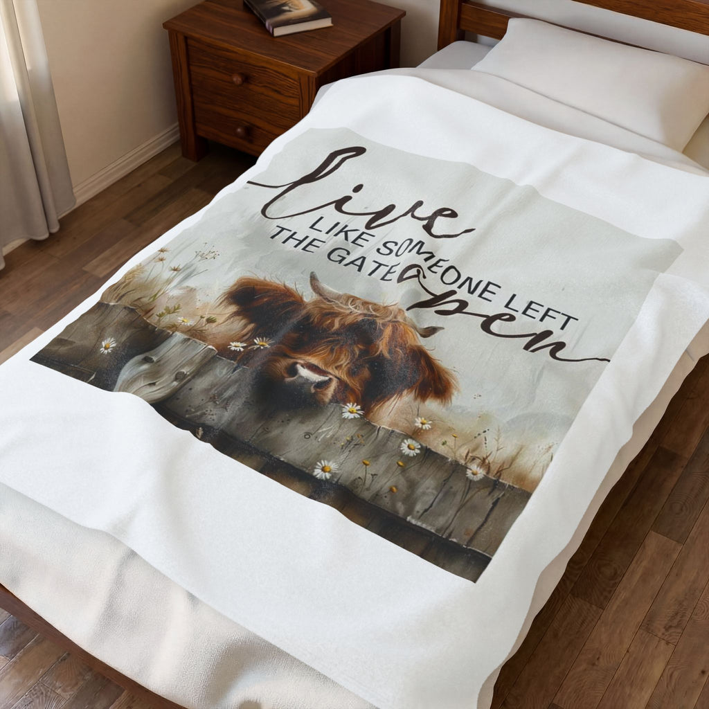 Plush Blanket — “Live Like Someone Left the Gate Open” Highland Cow Throw