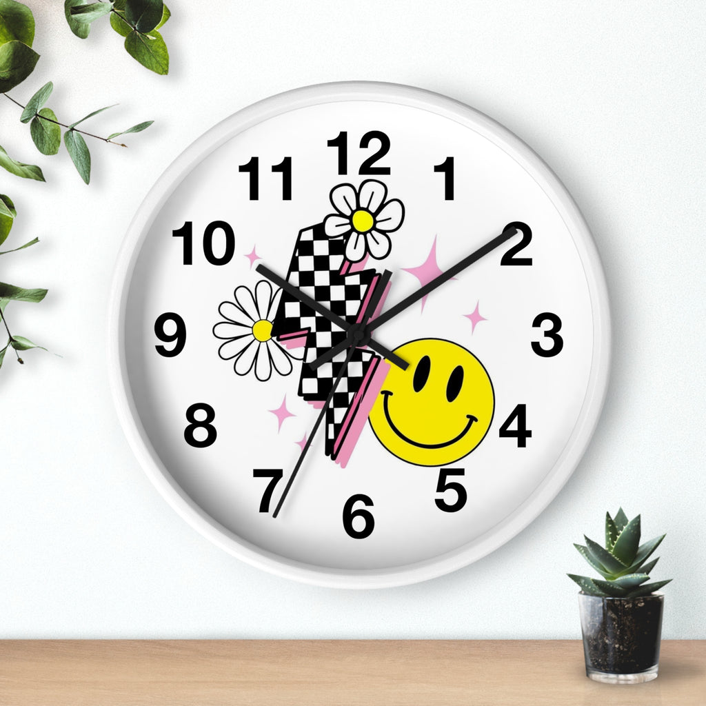 Wall Clock — Retro Smiley Daisy Checkerboard Decorative Clock
