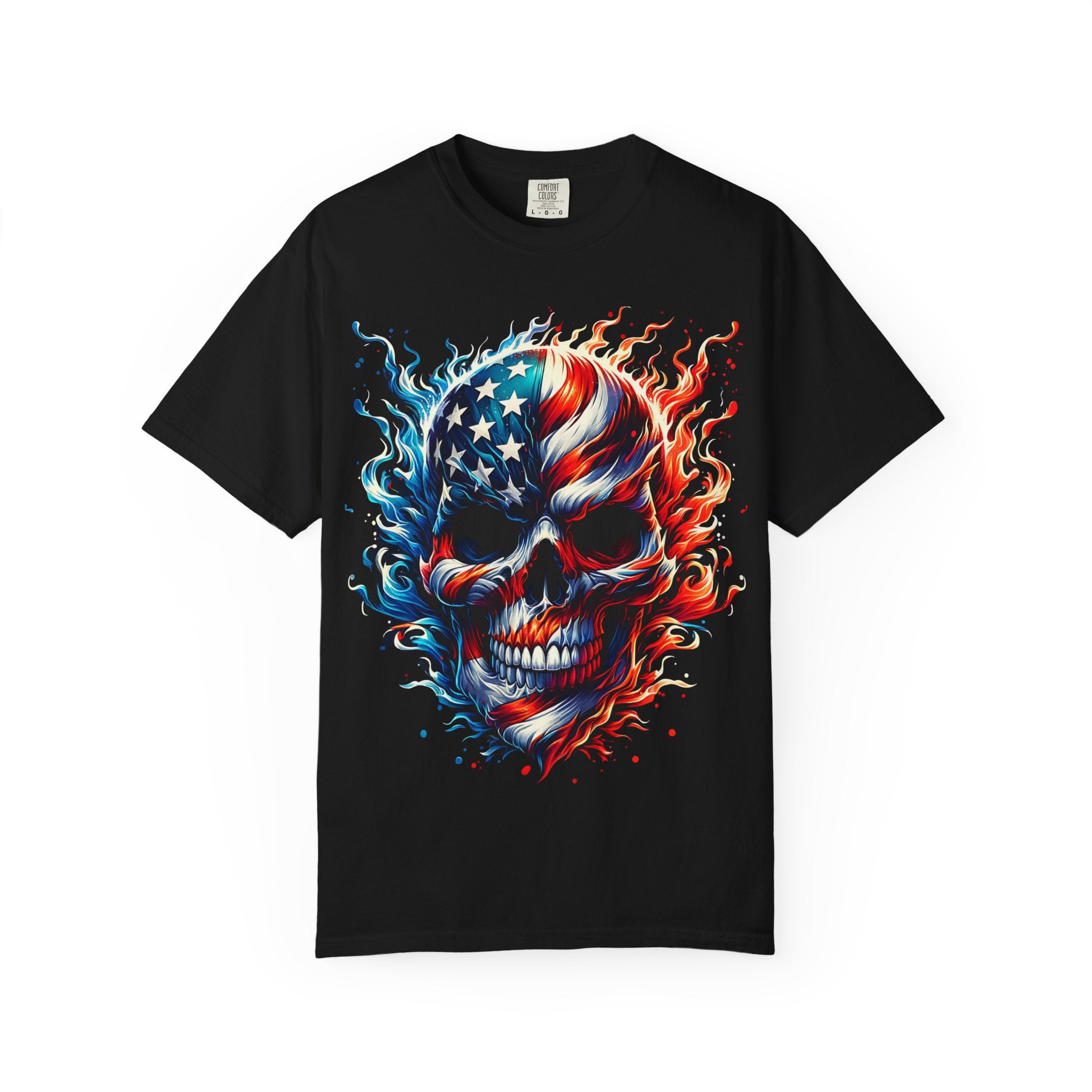Patriotic Flame Skull T-Shirt — American Flag Skull Graphic Tee